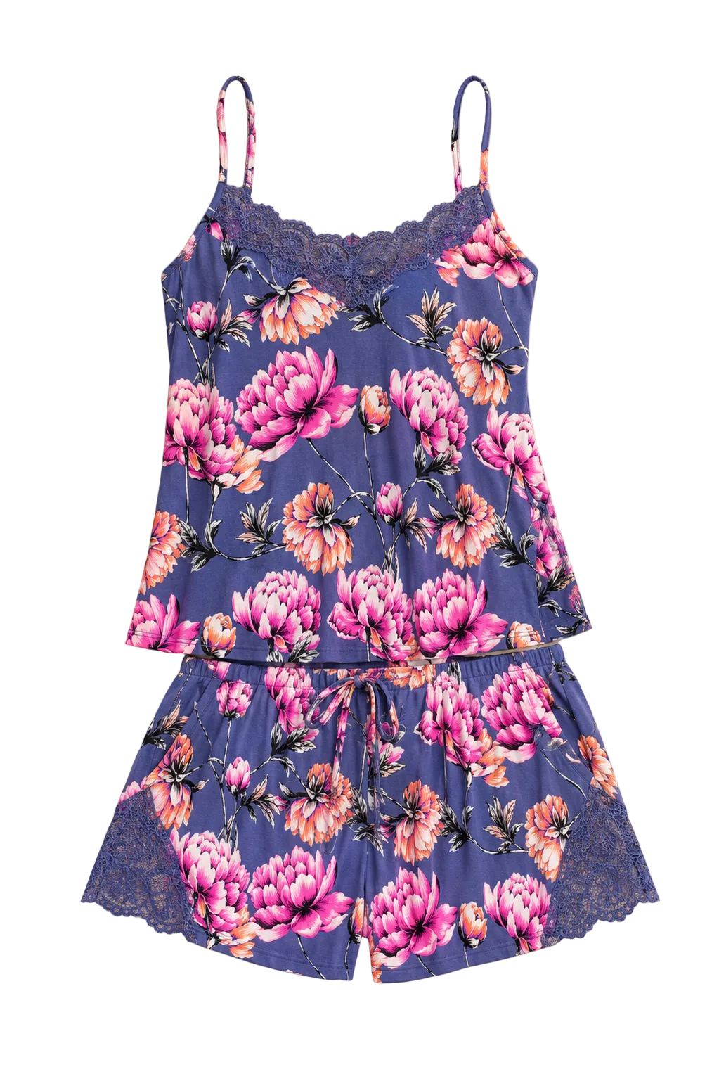 A two-piece women's pajama set featuring a blue floral camisole top and matching shorts, both decorated with pink and orange peony-style flowers and finished with lace trim, shown against a solid beige background.