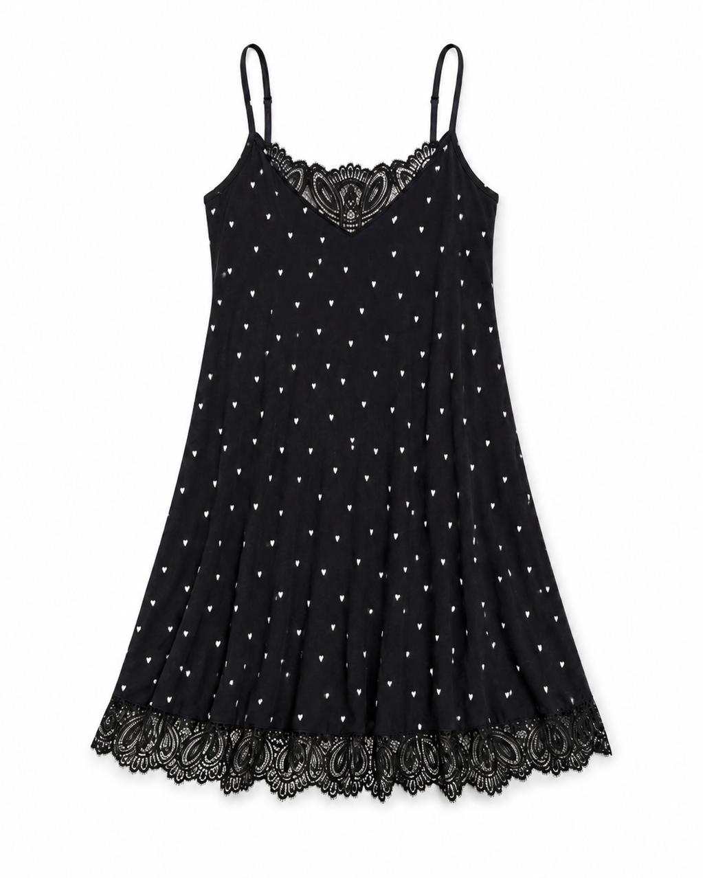 A black spaghetti-strap mini dress with a white polka-dot pattern and black lace trim at the neckline and hem, displayed flat against a white background.