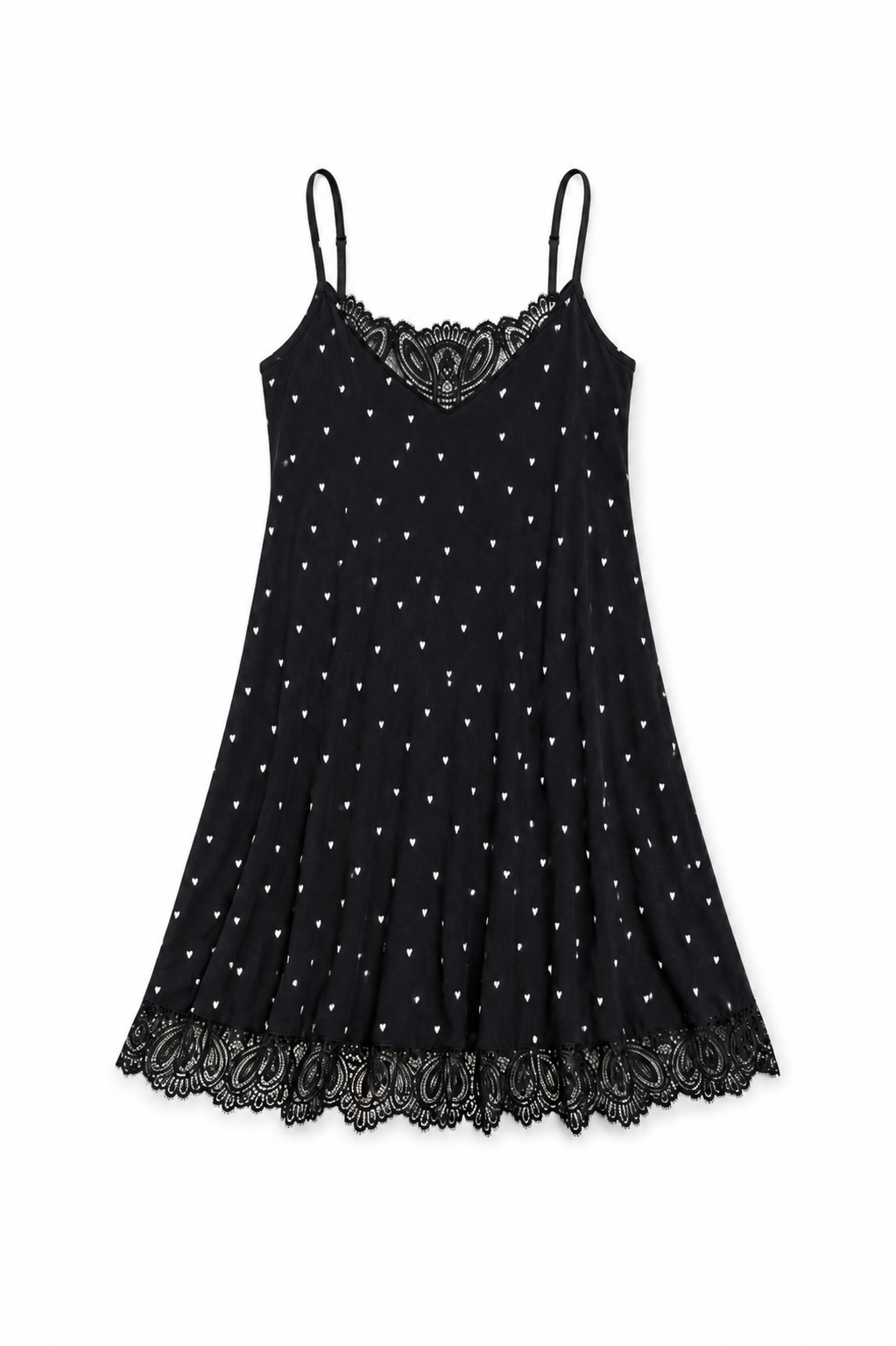A black spaghetti-strap mini dress with a white polka-dot pattern and black lace trim at the neckline and hem, displayed flat against a white background.