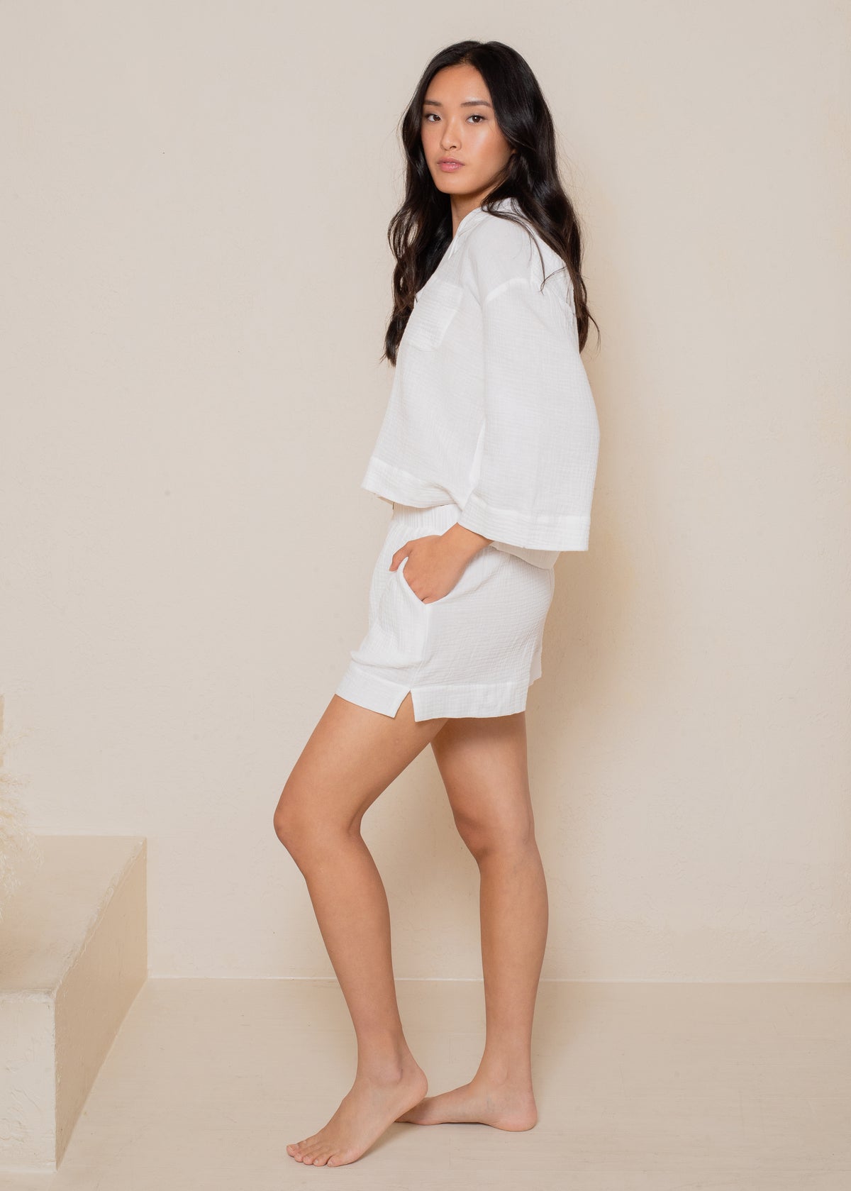 CRINKLED COTTON GAUZE RELAXED HIGH WAIST SHORT