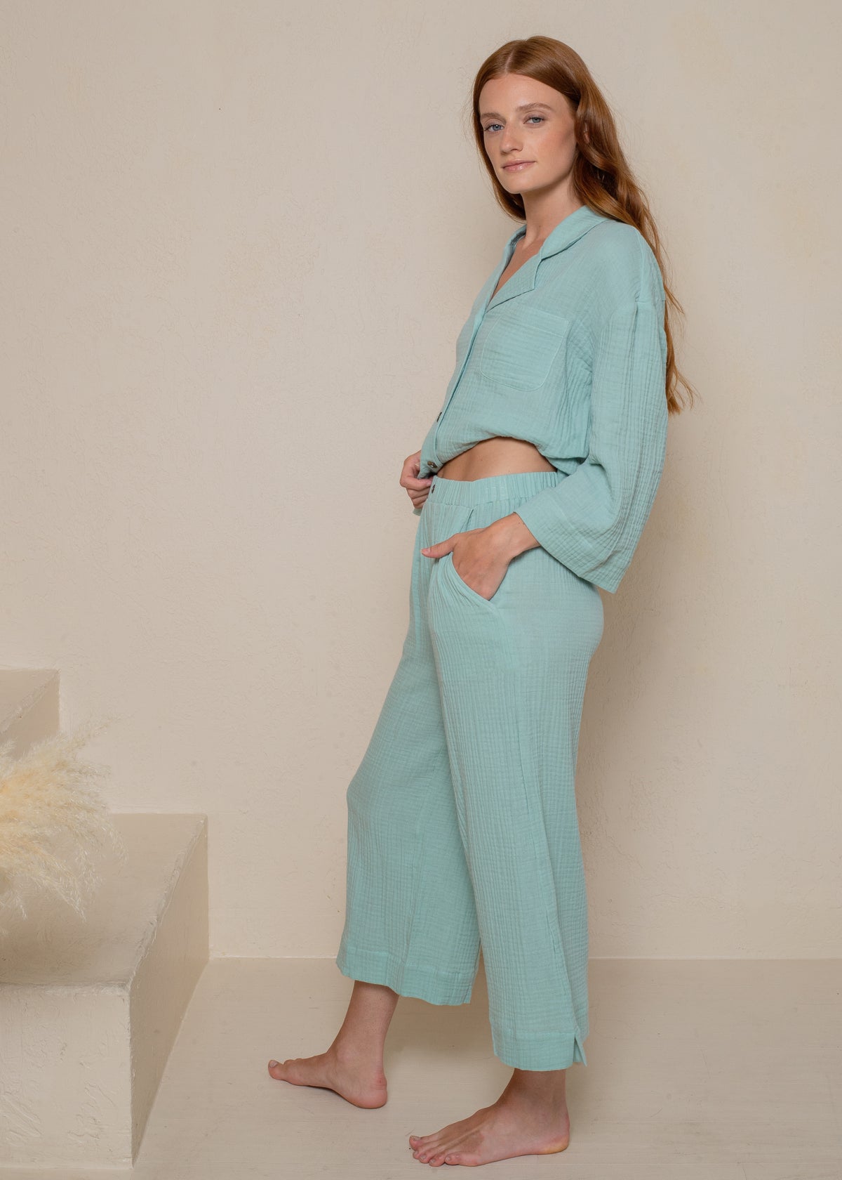 CRINKLED COTTON GAUZE RELAXED HIGH WAISTED CAPRI