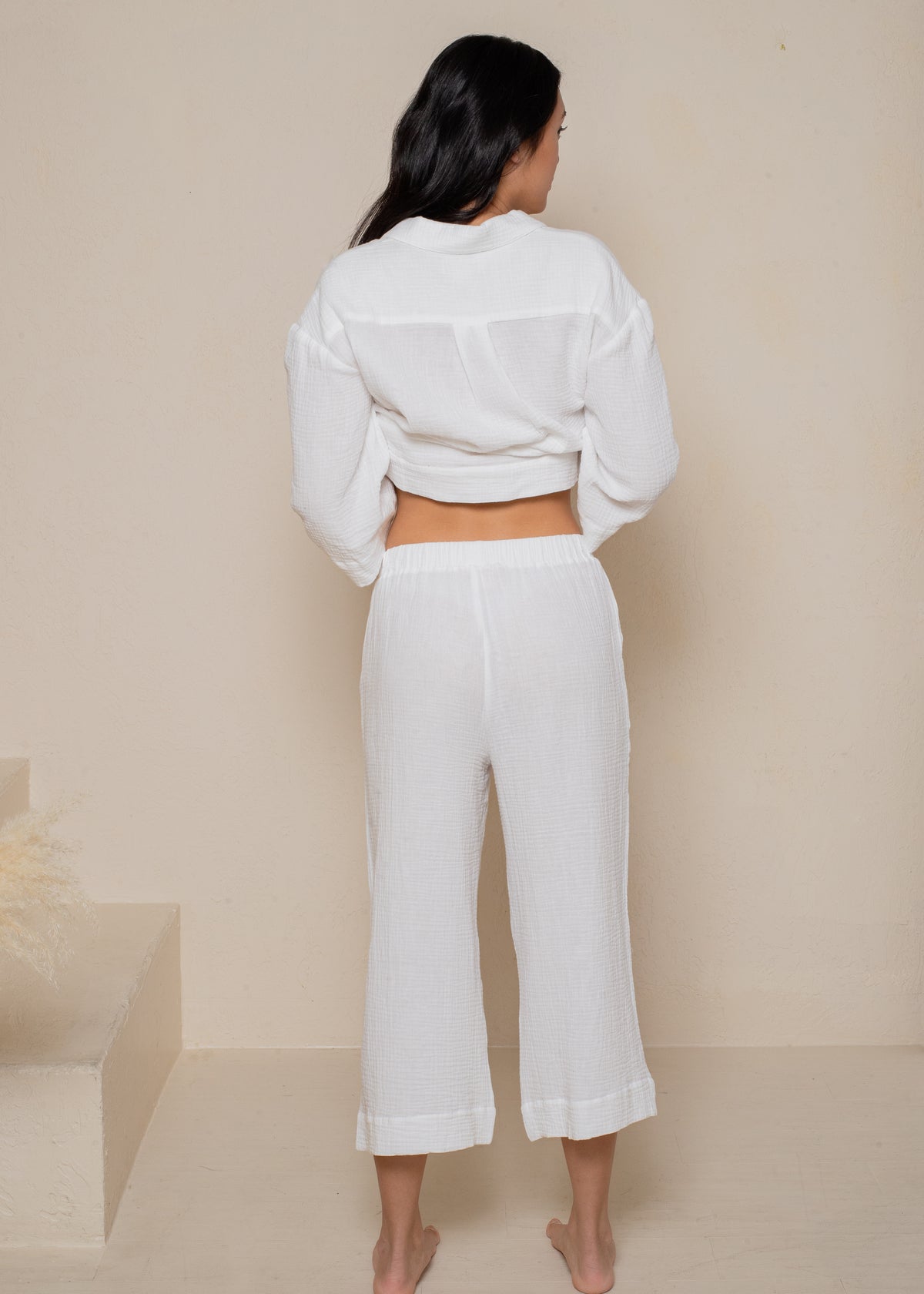 CRINKLED COTTON GAUZE RELAXED HIGH WAISTED CAPRI