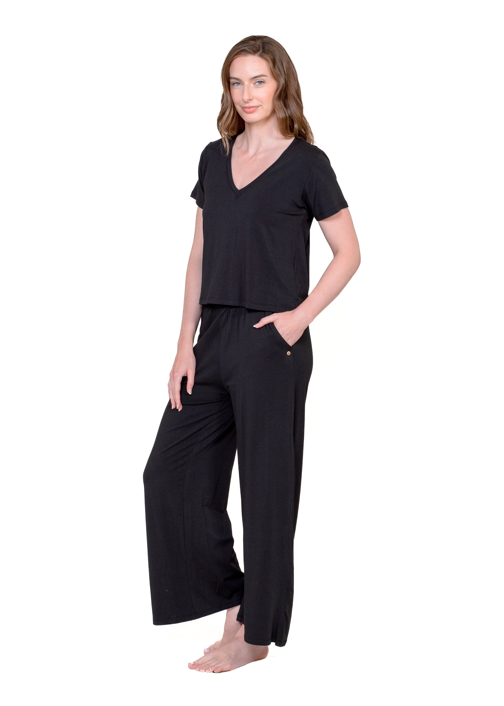 V NECK TEE & WIDE LEG LOUNGE PANT SET