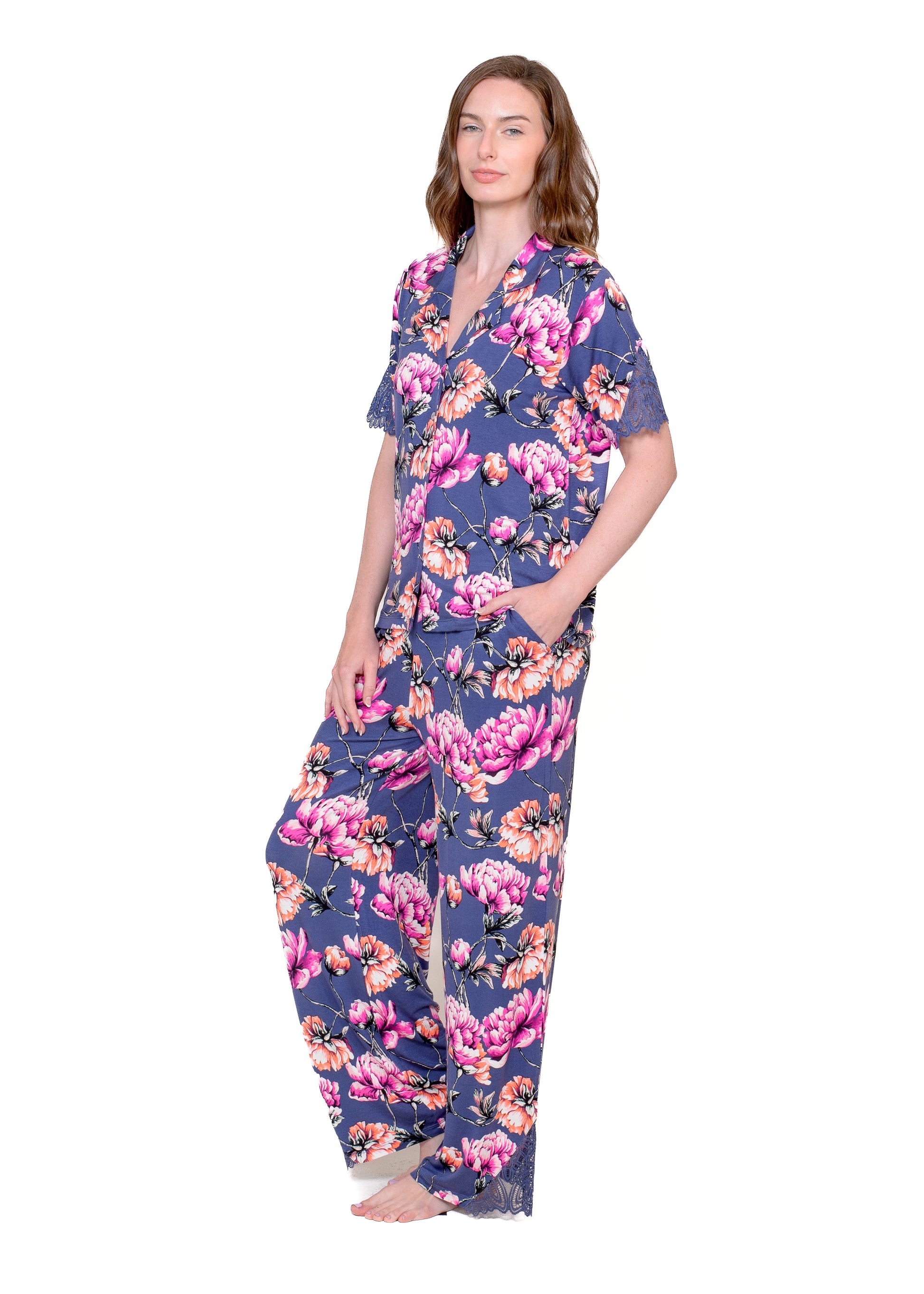 Lace Notch Collar Pant Set