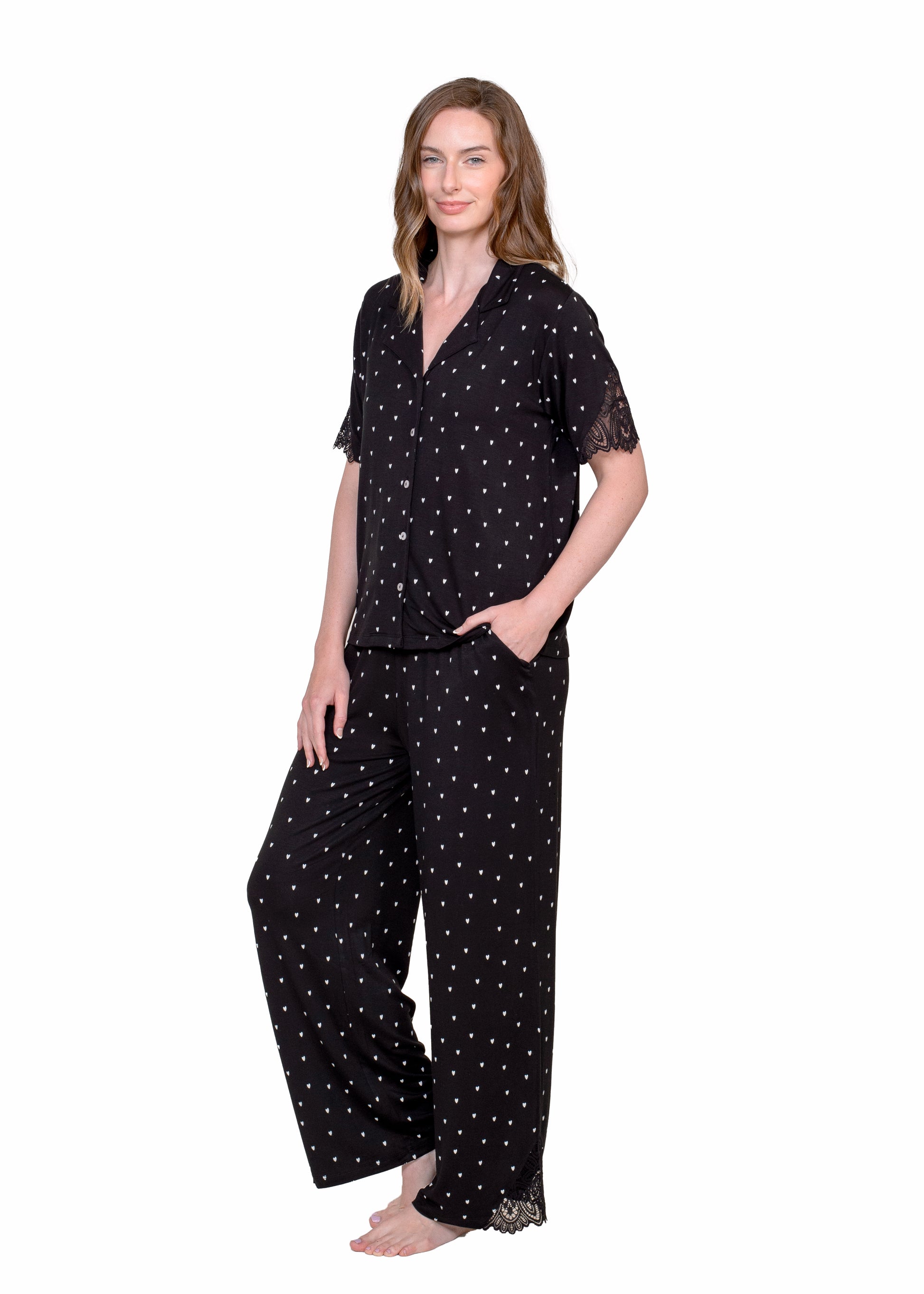 Lace Notch Collar Pant Set