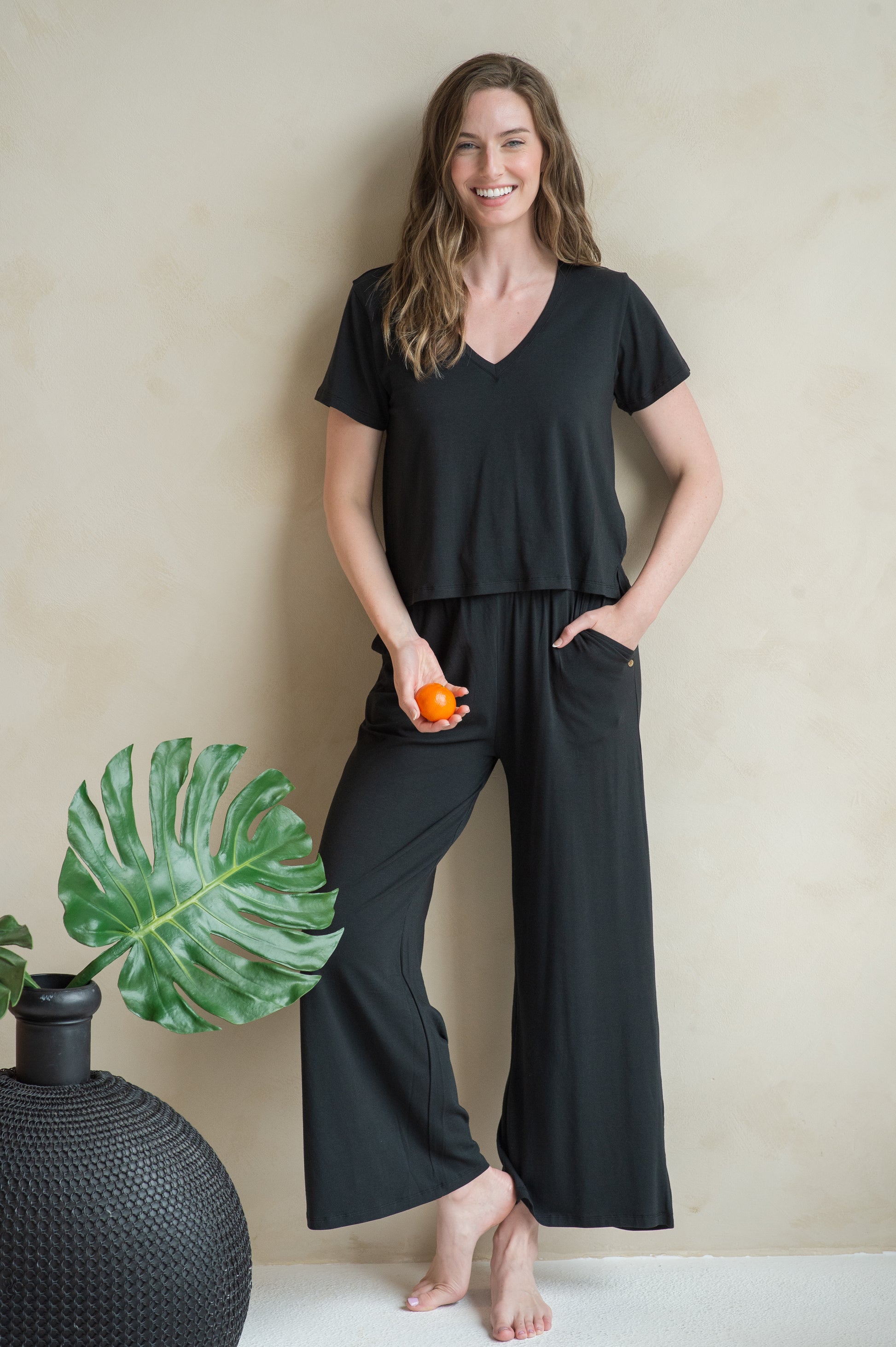 V NECK TEE & WIDE LEG LOUNGE PANT SET