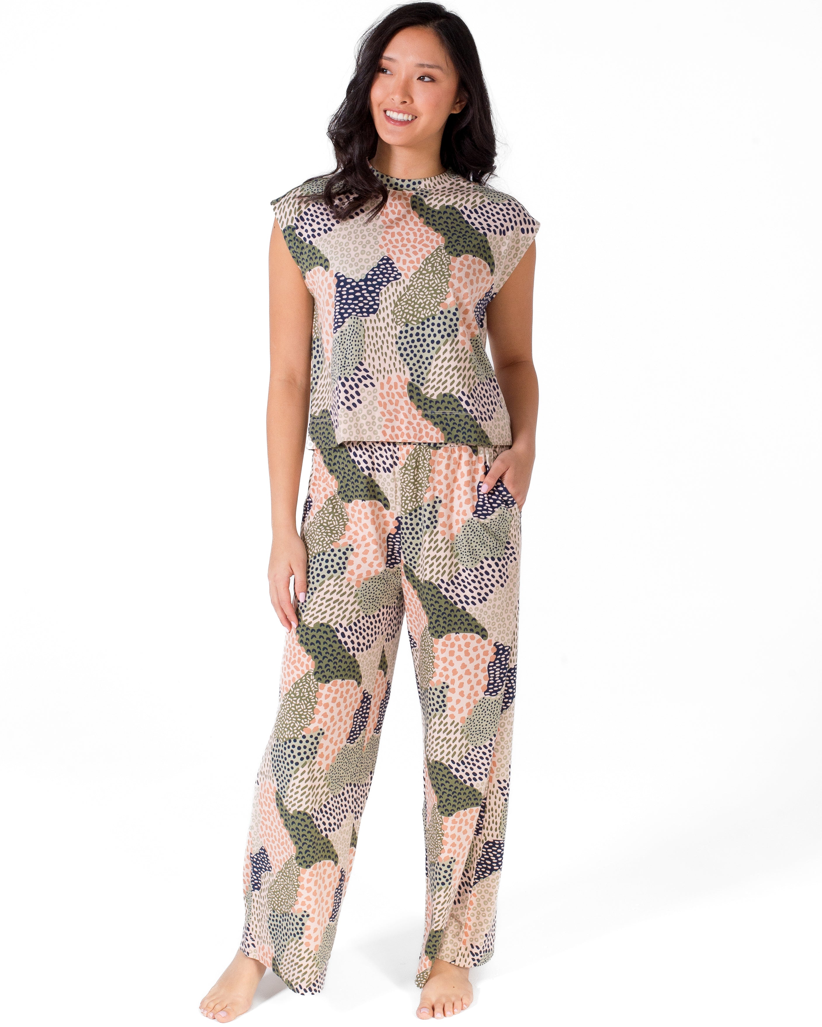Marble Mock Neck Top With High Waist Pant Set