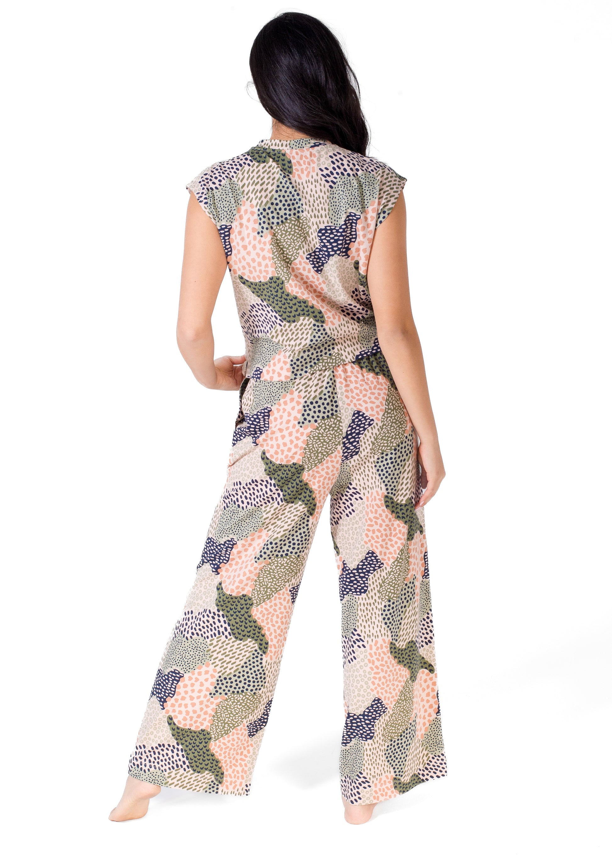 Marble Mock Neck Top With High Waist Pant Set