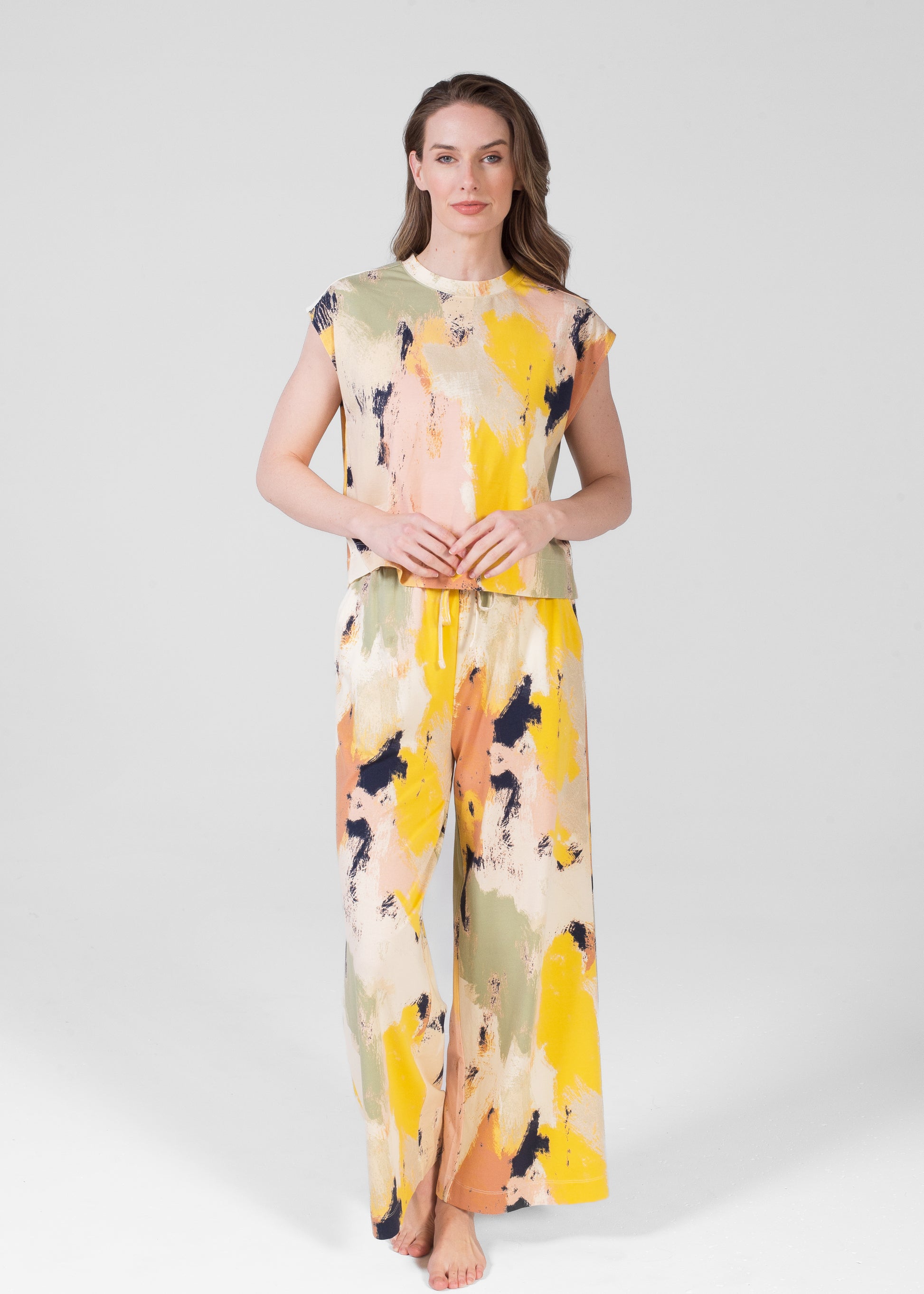 Marble Mock Neck Top With High Waist Pant Set