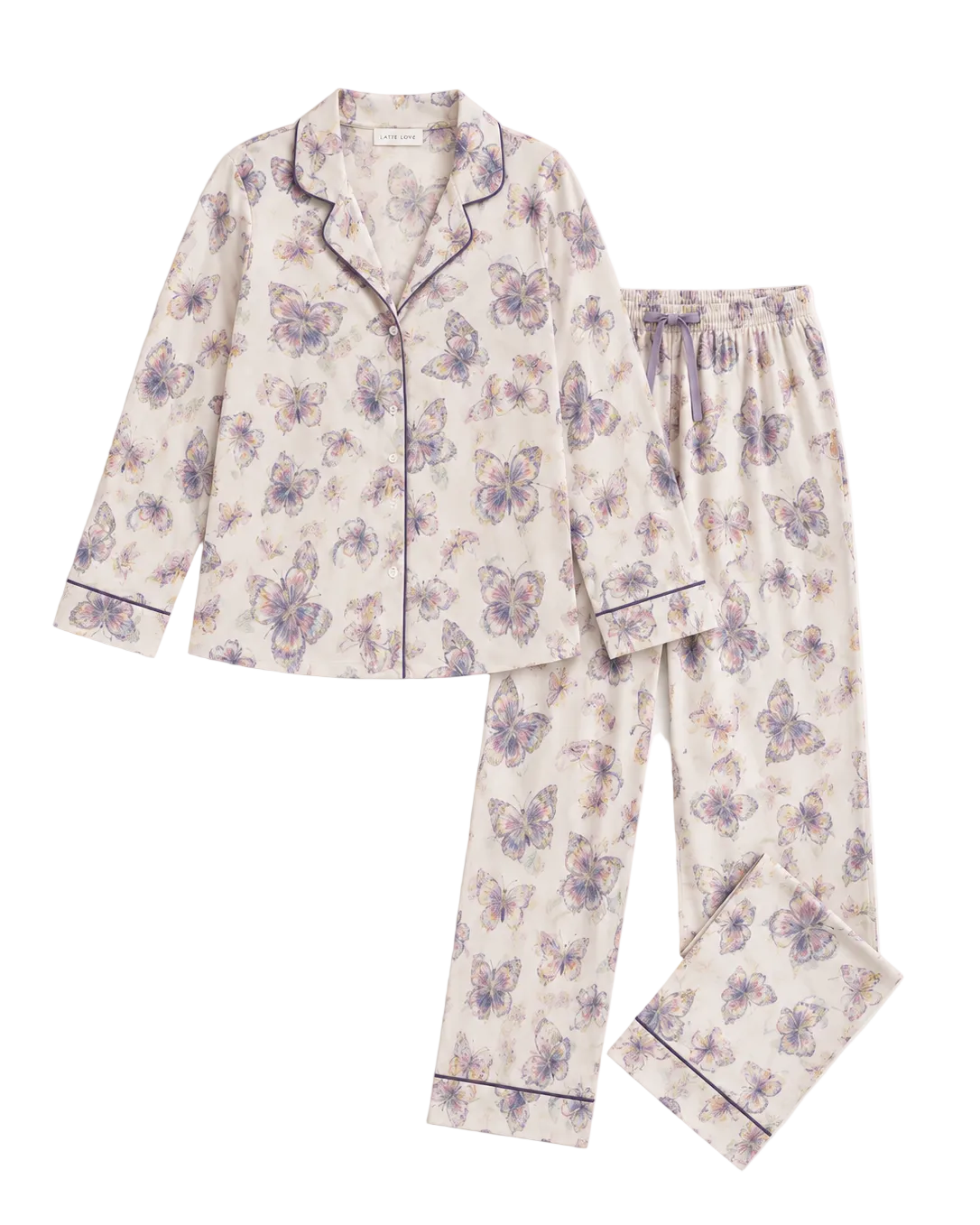 A two-piece pajama set featuring a long-sleeve button-up top and matching pants in a light cream color with a purple and blue butterfly pattern, finished with dark piping details.