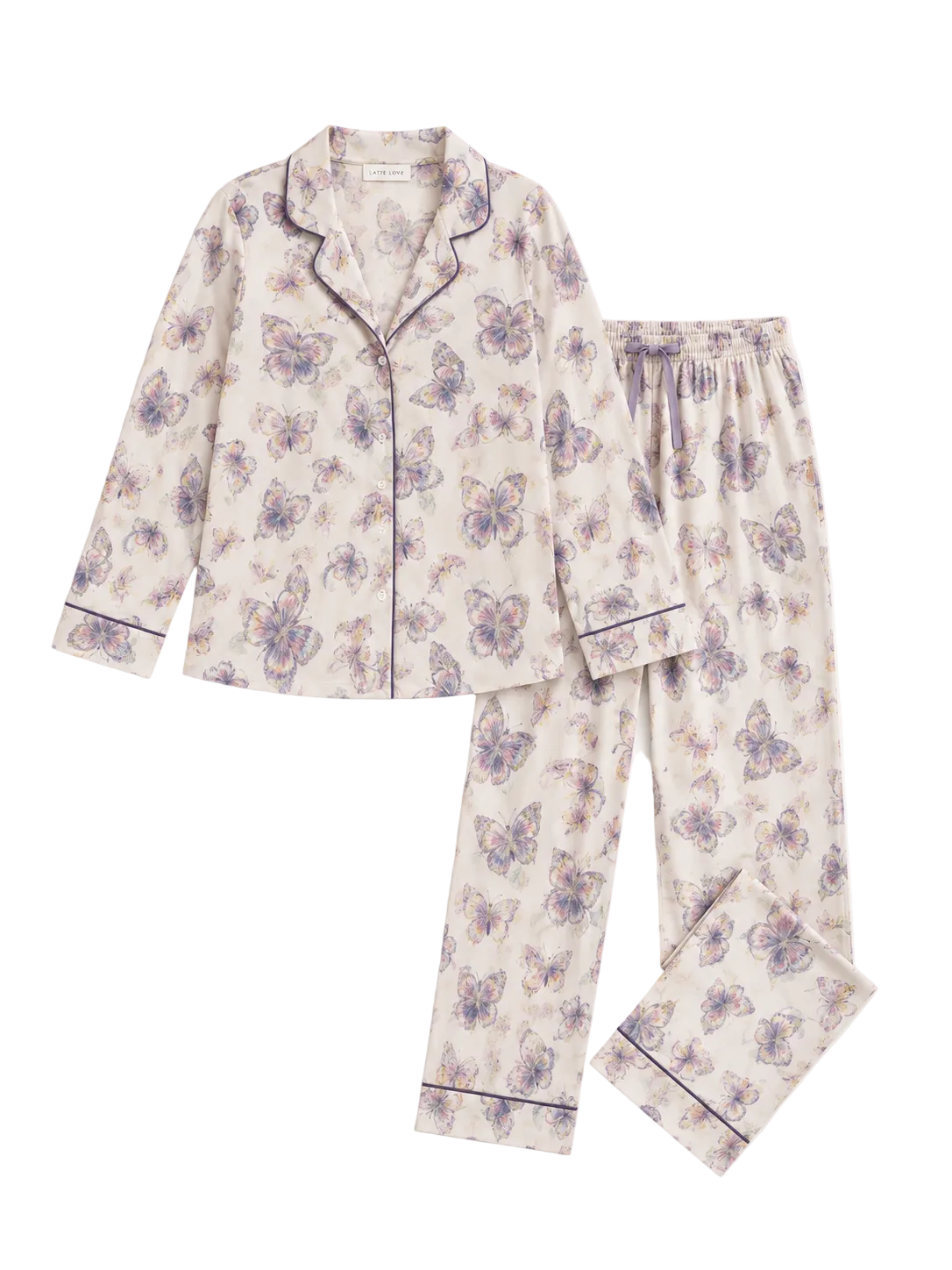 A two-piece pajama set featuring a long-sleeve button-up top and matching pants in a light cream color with a purple and blue butterfly pattern, finished with dark piping details.