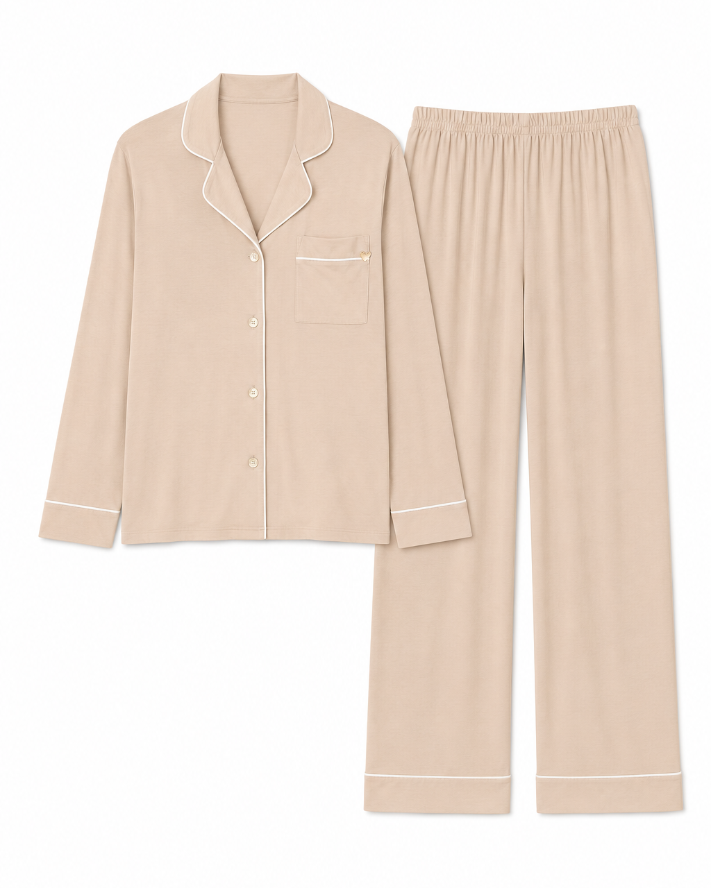A two-piece pajama set in a light beige color, featuring a long-sleeve button-up shirt with white piping and matching wide-leg pants with white piping details, displayed on a clean white background.