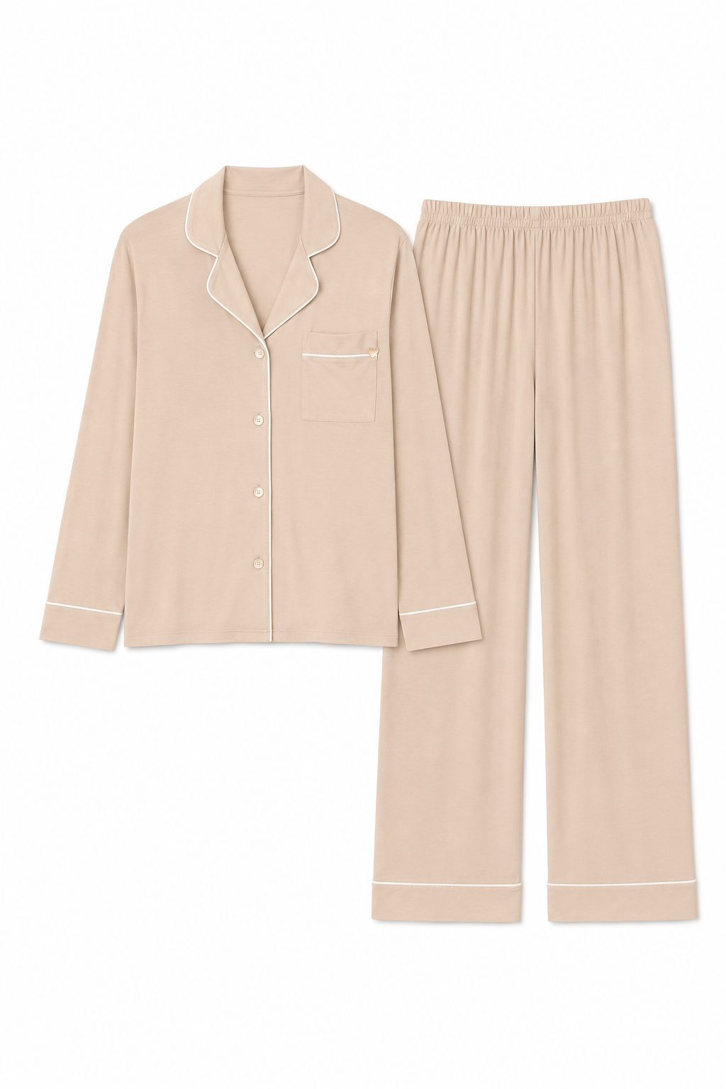 A two-piece pajama set in a light beige color, featuring a long-sleeve button-up shirt with white piping and matching wide-leg pants with white piping details, displayed on a clean white background.