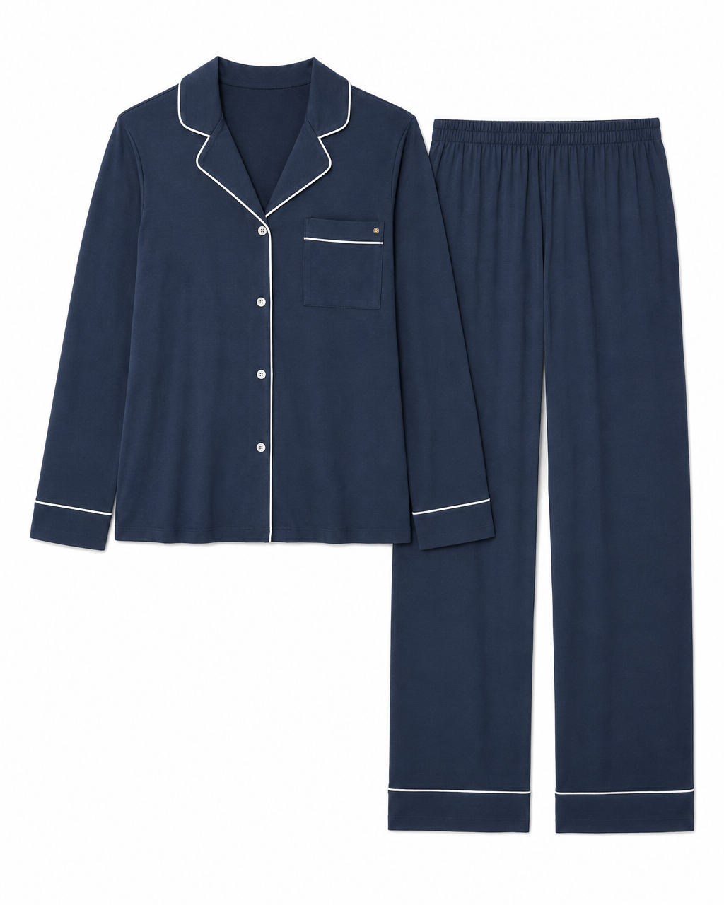 A two-piece navy blue pajama set with white piping details, including a long-sleeve button-up top with a chest pocket and matching straight-leg pants.