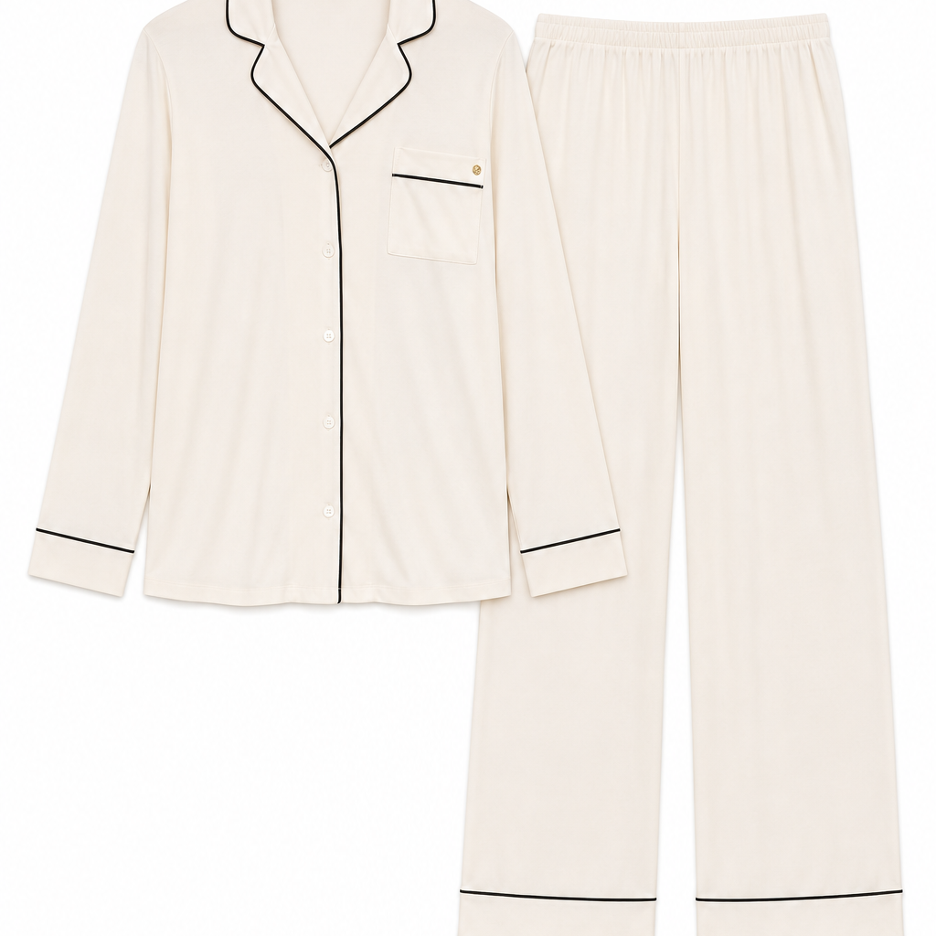 Long sleeve notch collar top & pant set - White