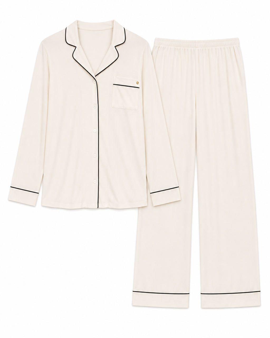 Long sleeve notch collar top & pant set - White