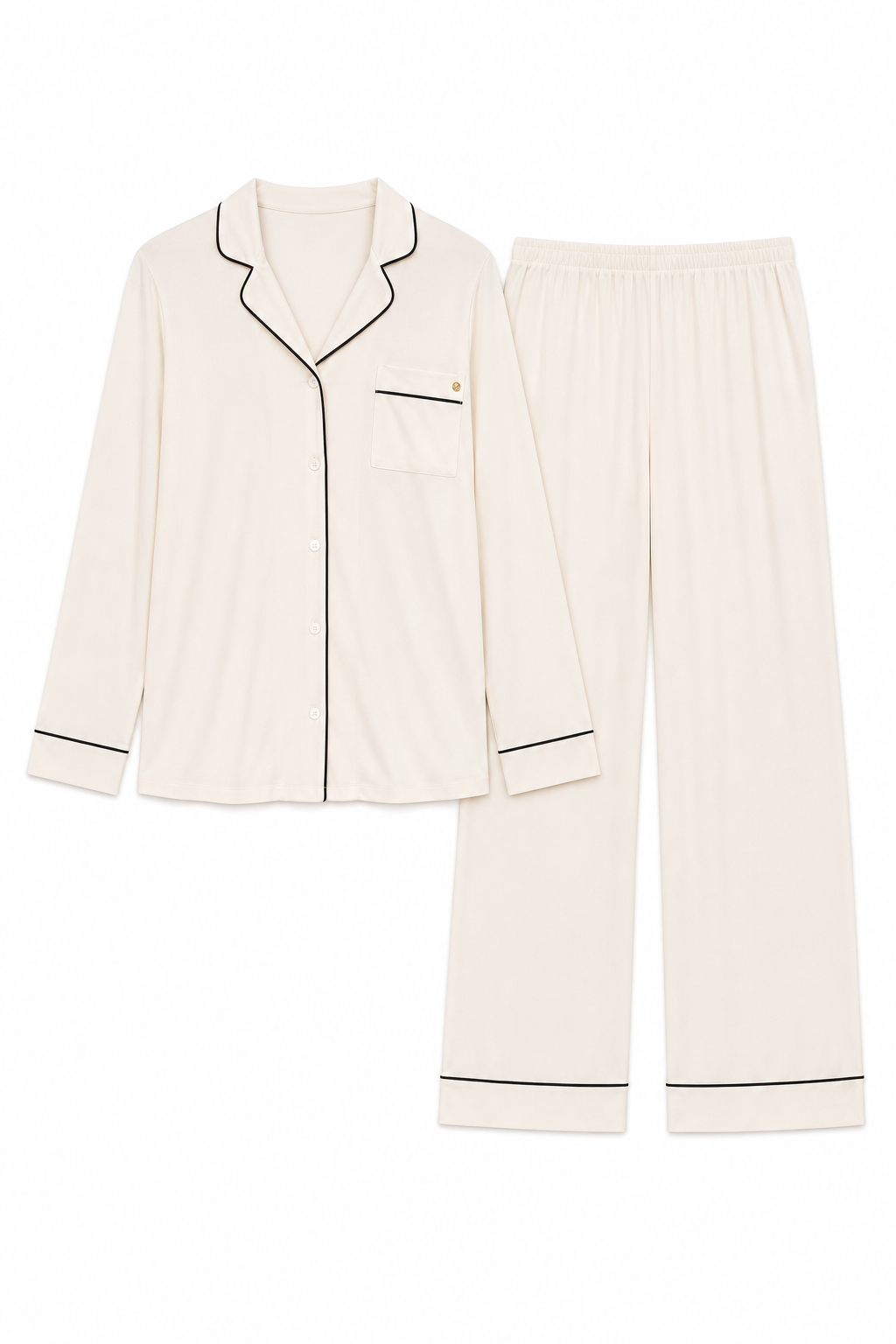 Long sleeve notch collar top & pant set - White