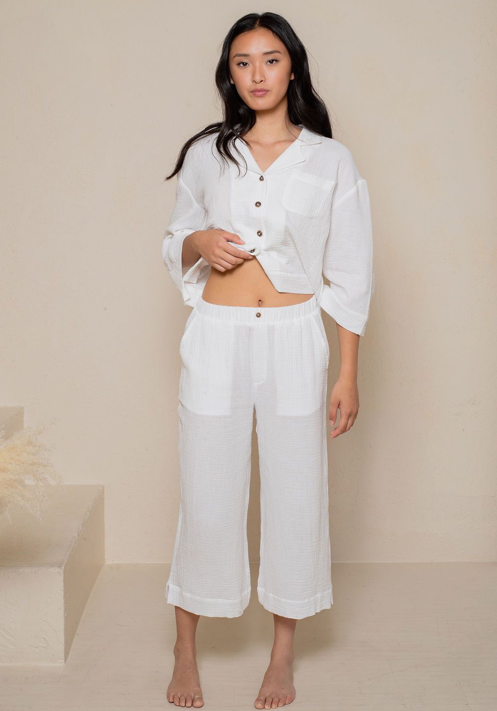 CRINKLED COTTON GAUZE RELAXED HIGH WAISTED CAPRI LATTELOVE Co