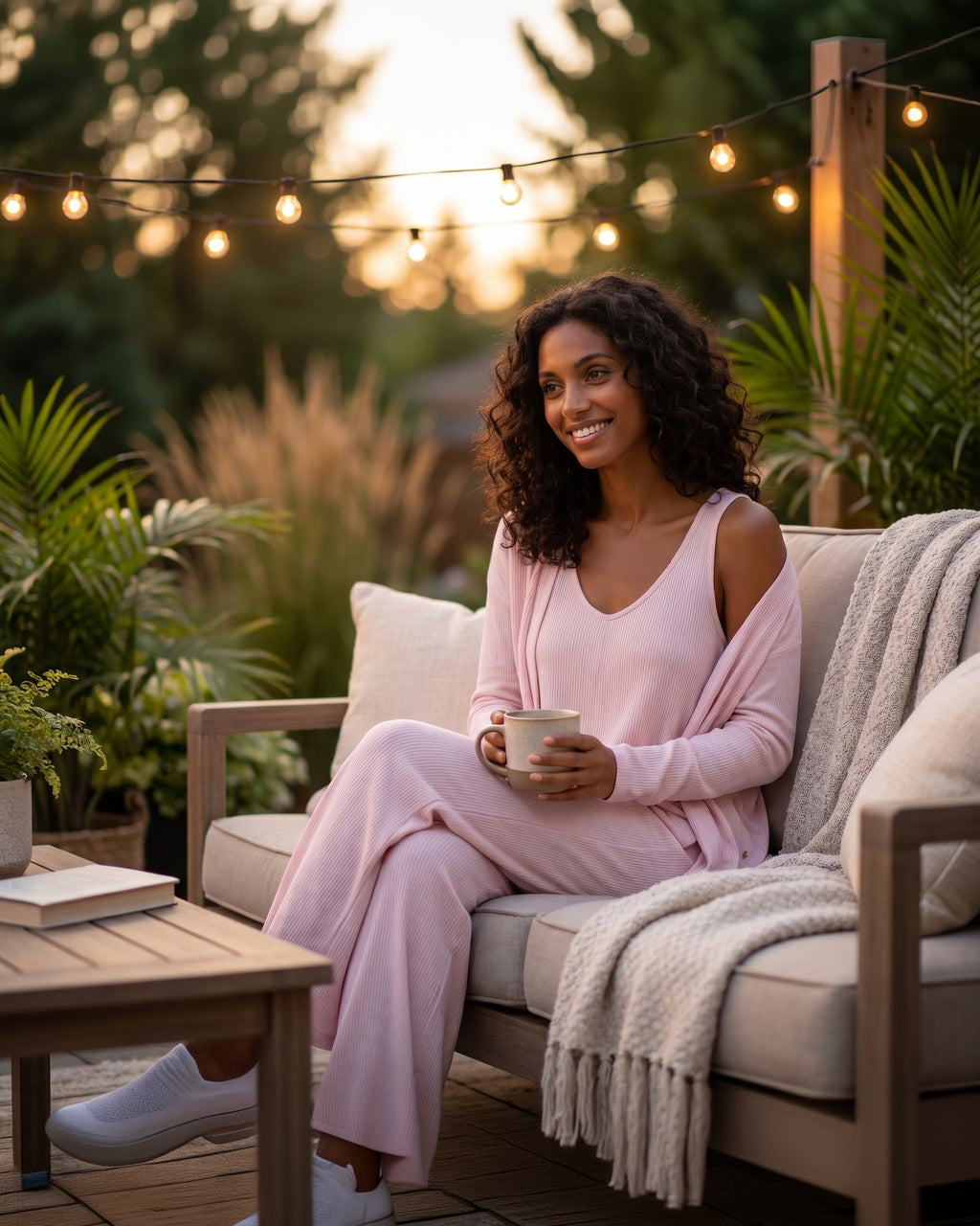 Woman in pink outfit sitting on a couch outdoors with plants and lights in the background