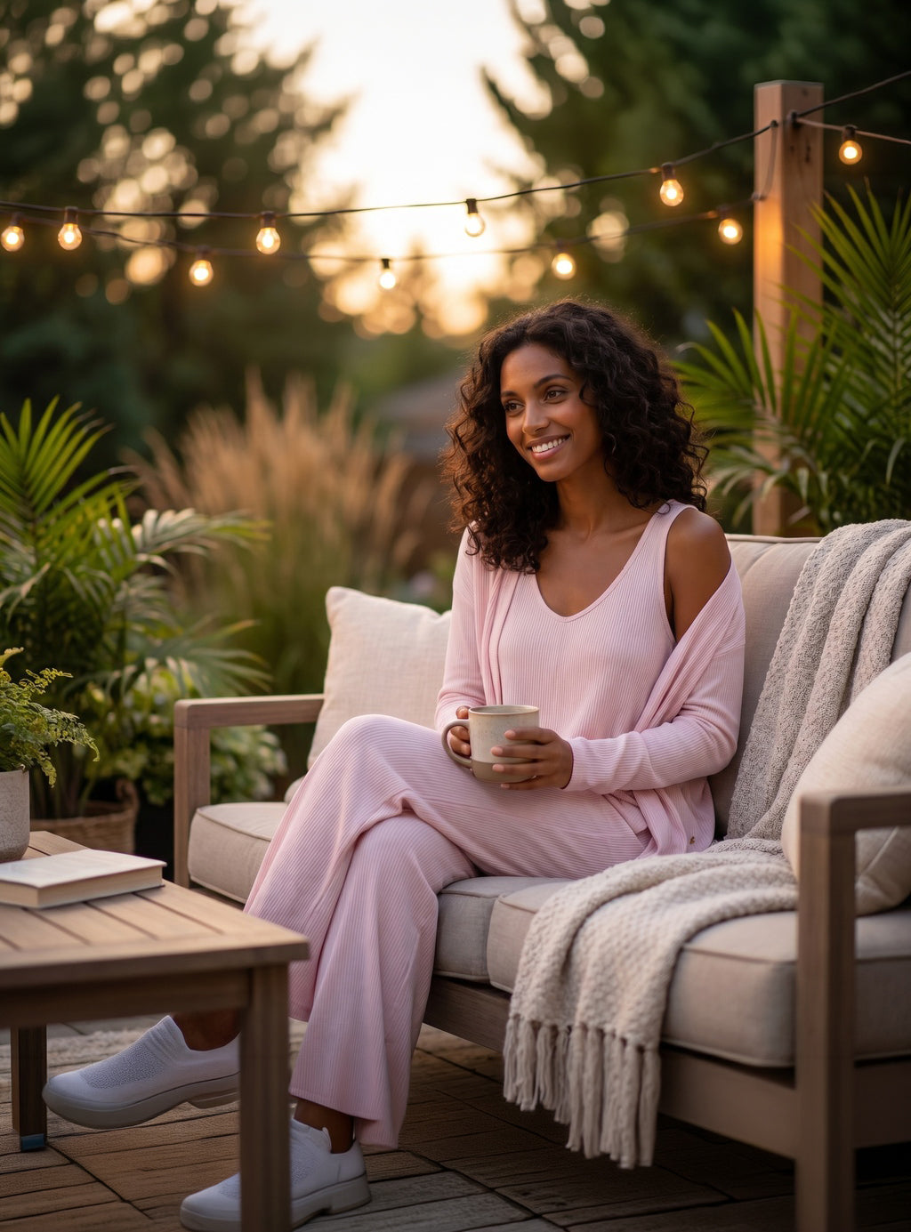 Woman in pink outfit sitting on a couch outdoors with plants and lights in the background