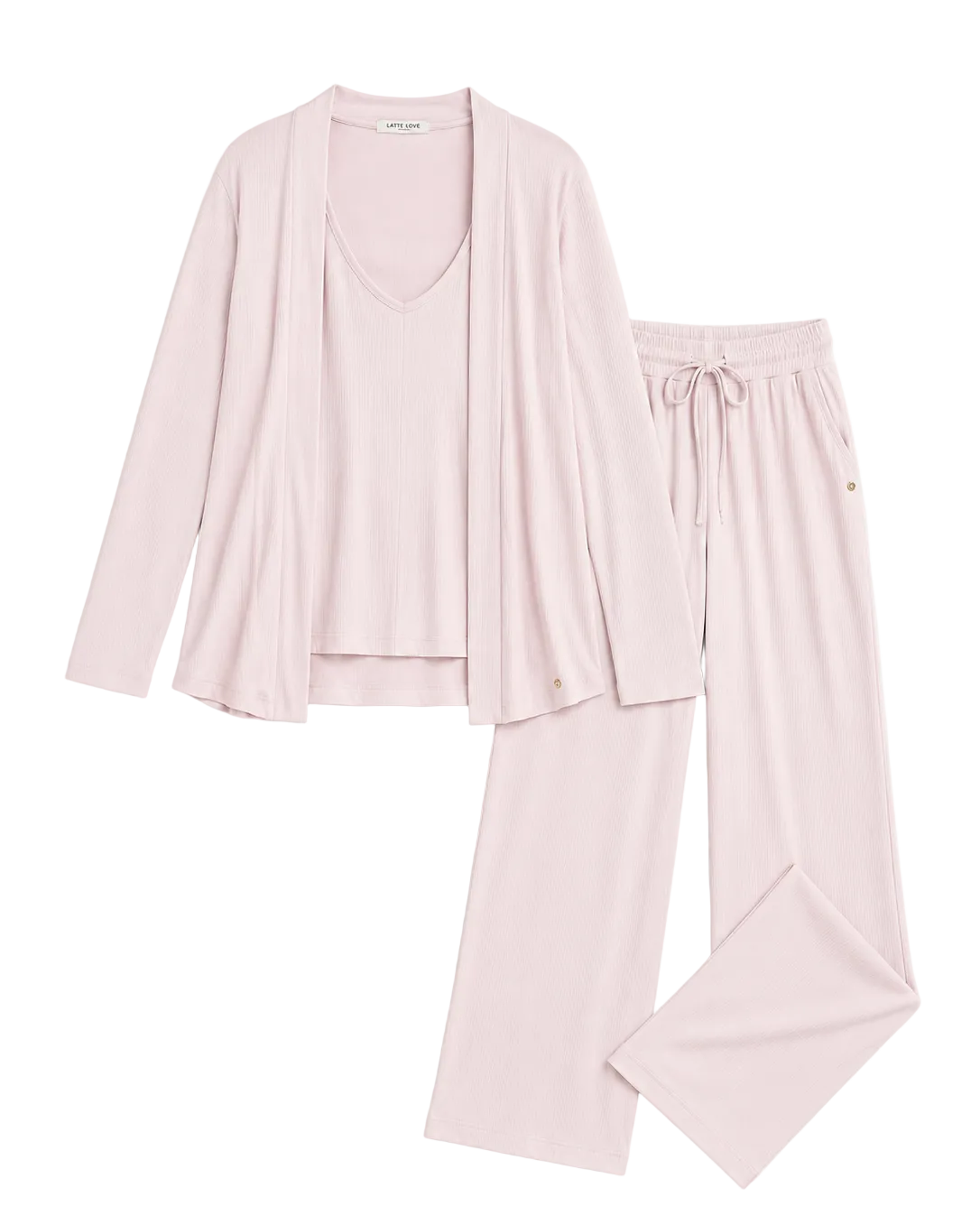 A three-piece women's pajama set in a soft dusty pink color, featuring a long-sleeve open-front cardigan, a matching scoop-neck top, and wide-leg drawstring pants, laid flat against a light off-white background.