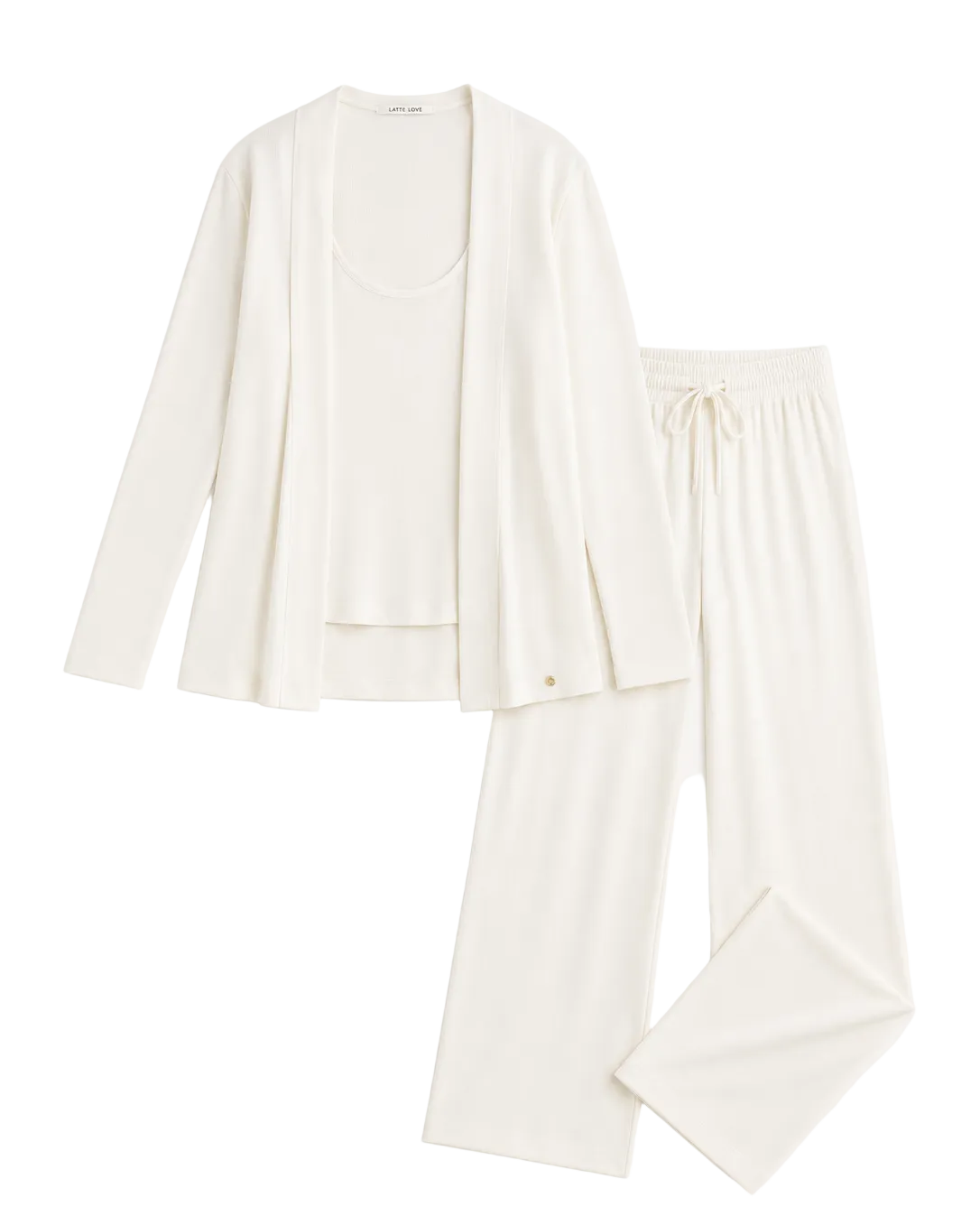 An off-white three-piece loungewear set consisting of a long-sleeve open-front cardigan, a scoop-neck tank top, and matching wide-leg drawstring pants, laid flat on a light off-white background.