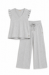 A two-piece children's loungewear set in light heather gray, featuring a sleeveless V-neck top with ruffle details on the shoulders and matching wide-leg drawstring pants.
