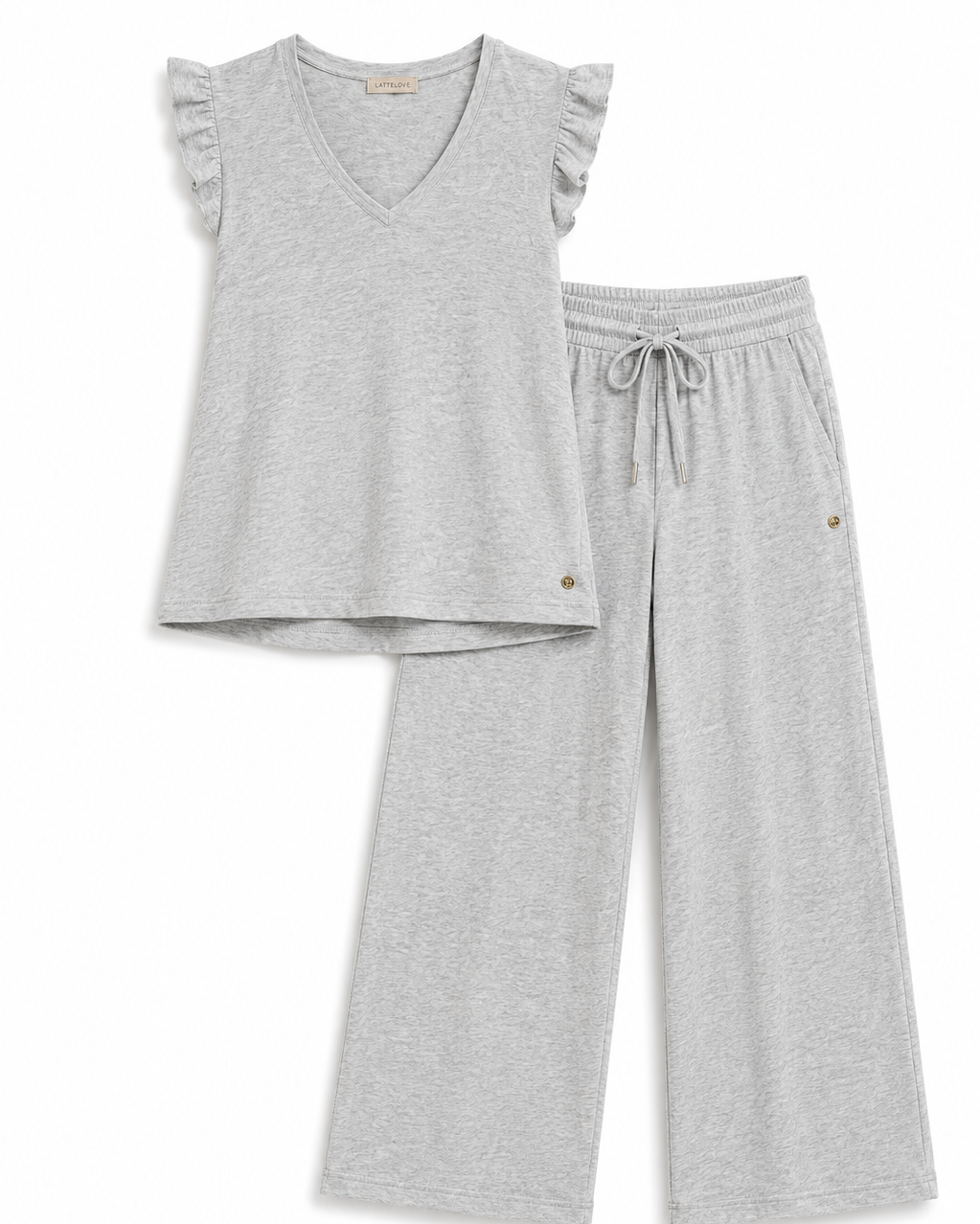 A two-piece children's loungewear set in light heather gray, featuring a sleeveless V-neck top with ruffle details on the shoulders and matching wide-leg drawstring pants.