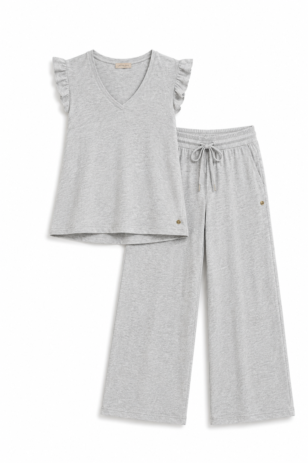 A two-piece children's loungewear set in light heather gray, featuring a sleeveless V-neck top with ruffle details on the shoulders and matching wide-leg drawstring pants.