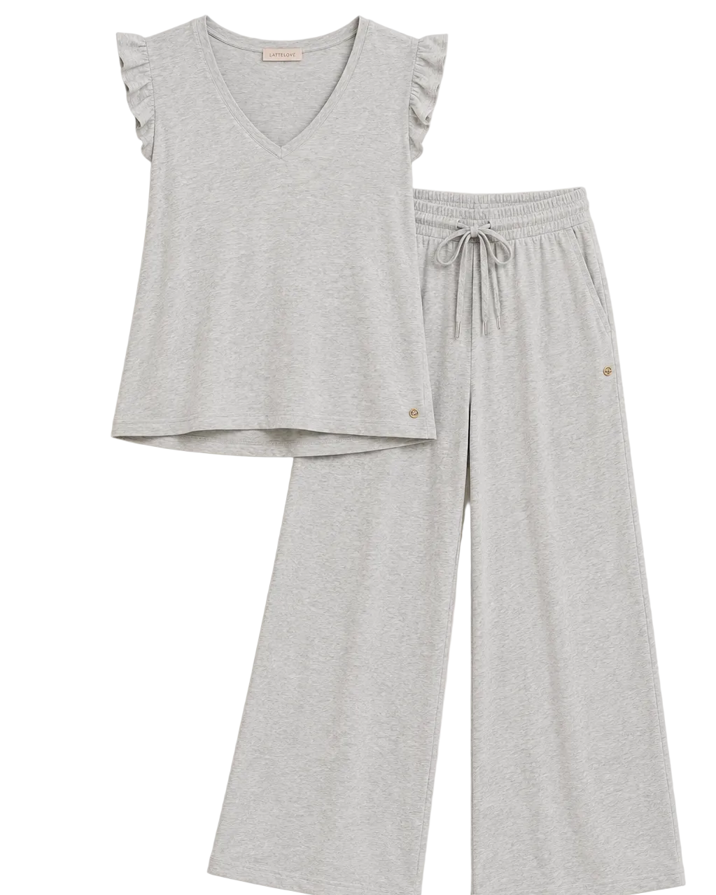 A light heather gray two-piece loungewear set consisting of a sleeveless V-neck top with ruffled cap sleeves and matching wide-leg drawstring pants, displayed on a solid pale beige background.
