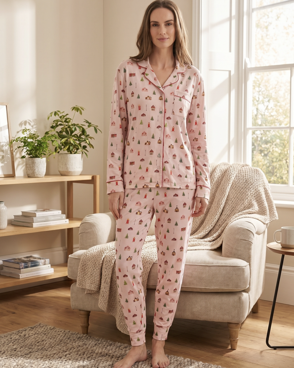 Long Sleeve Notch Collar Top & Jogger Pajama Set