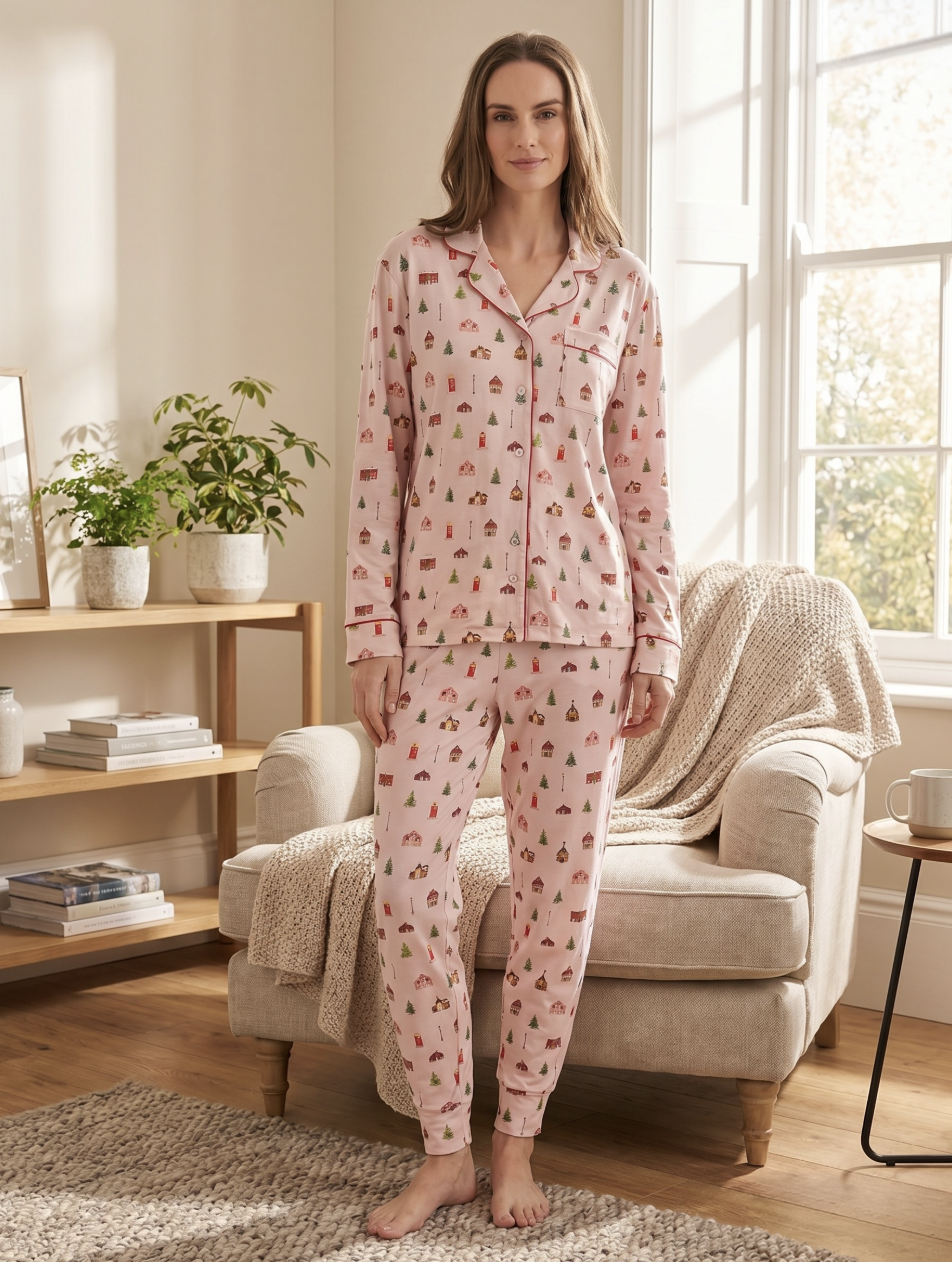 Long Sleeve Notch Collar Top & Jogger Pajama Set