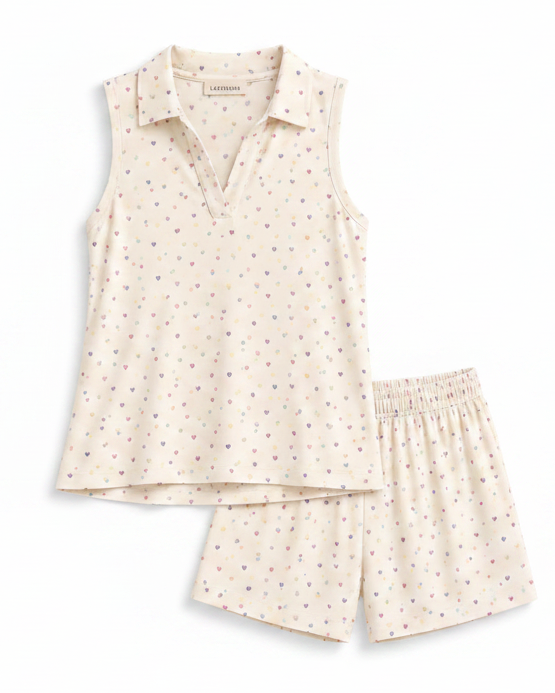 A two-piece girls' pajama set featuring a sleeveless collared top and matching shorts, both in an off-white cotton fabric with a tiny multicolor polka dot pattern, laid flat against a solid beige background.