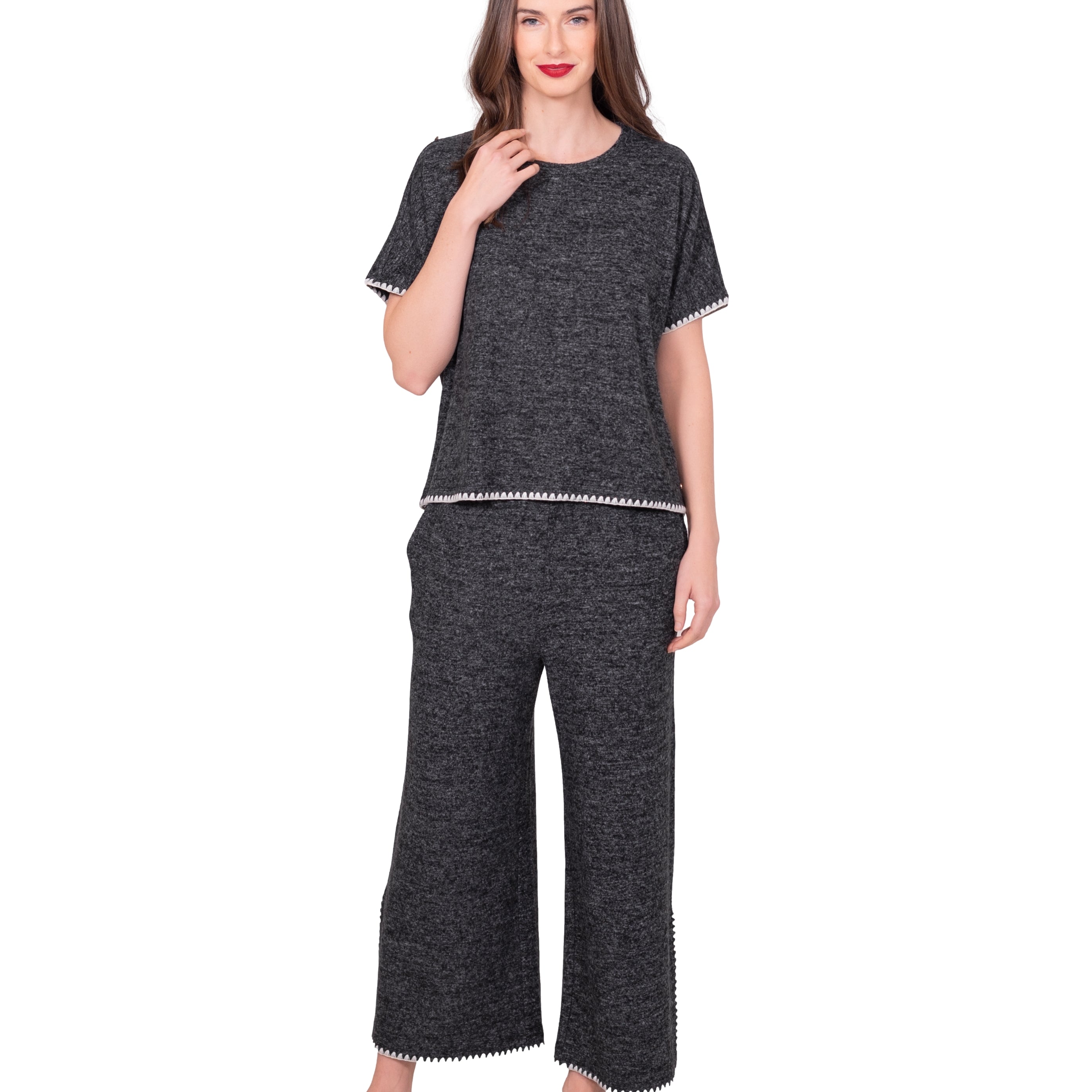 Relaxed Blanket Stitch Wide Leg Cropped Pants