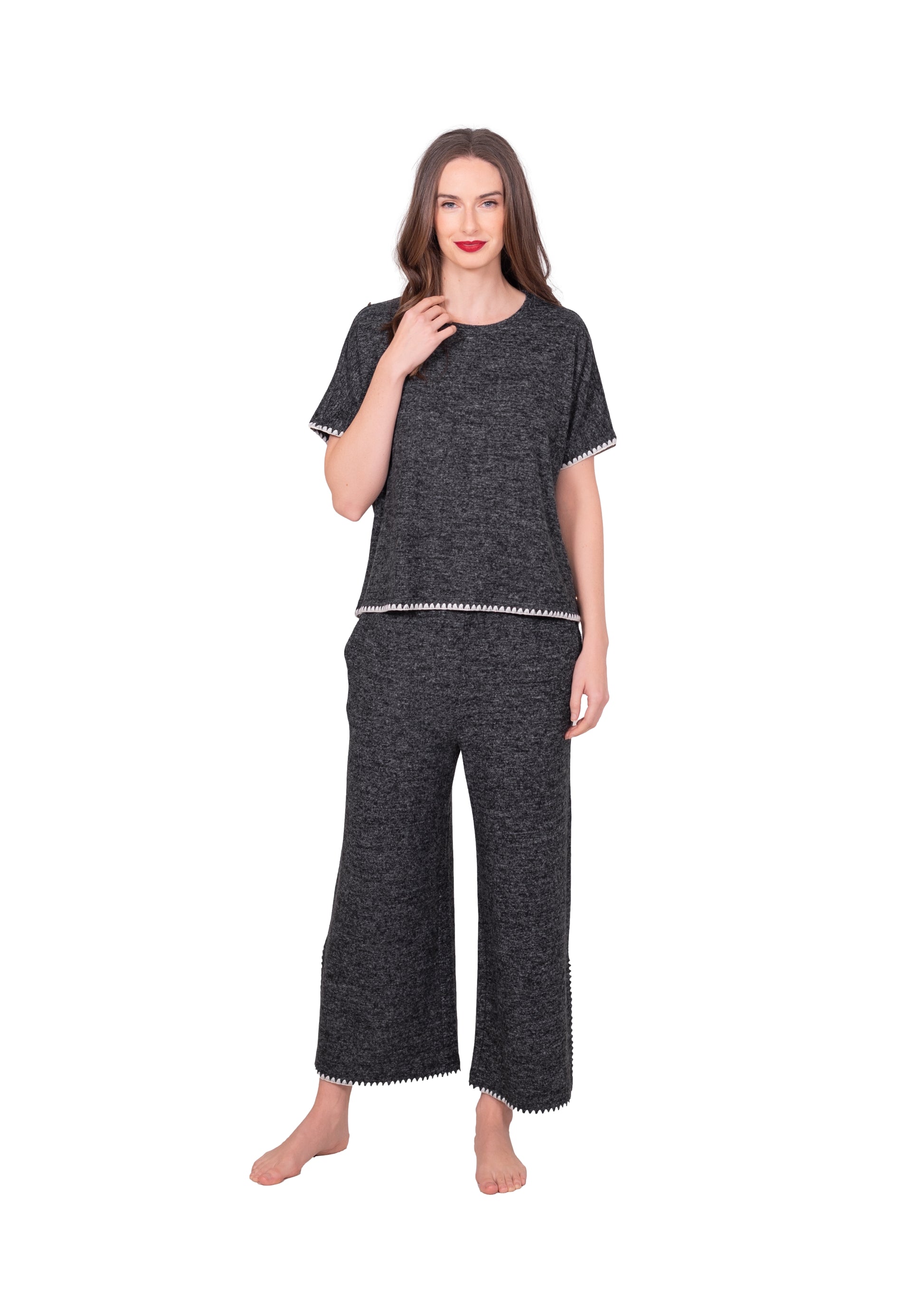 Relaxed Blanket Stitch Wide Leg Cropped Pants