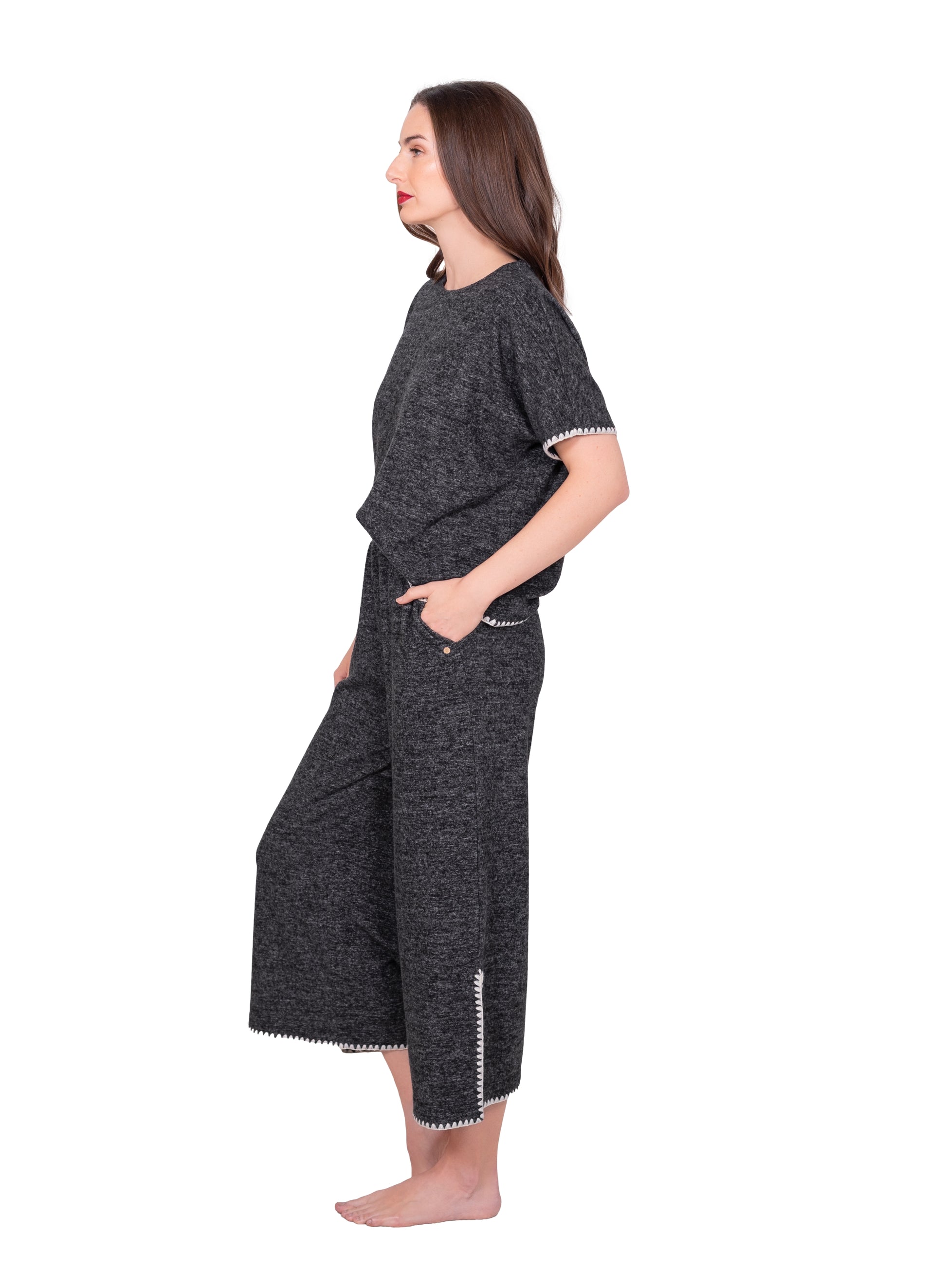 Relaxed Blanket Stitch Wide Leg Cropped Pants