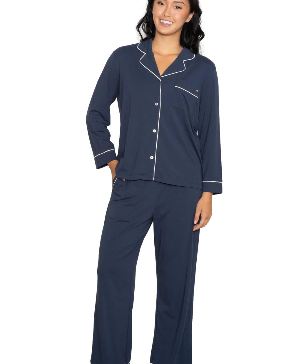 Long sleeve notch collar top & pant set - Indigo