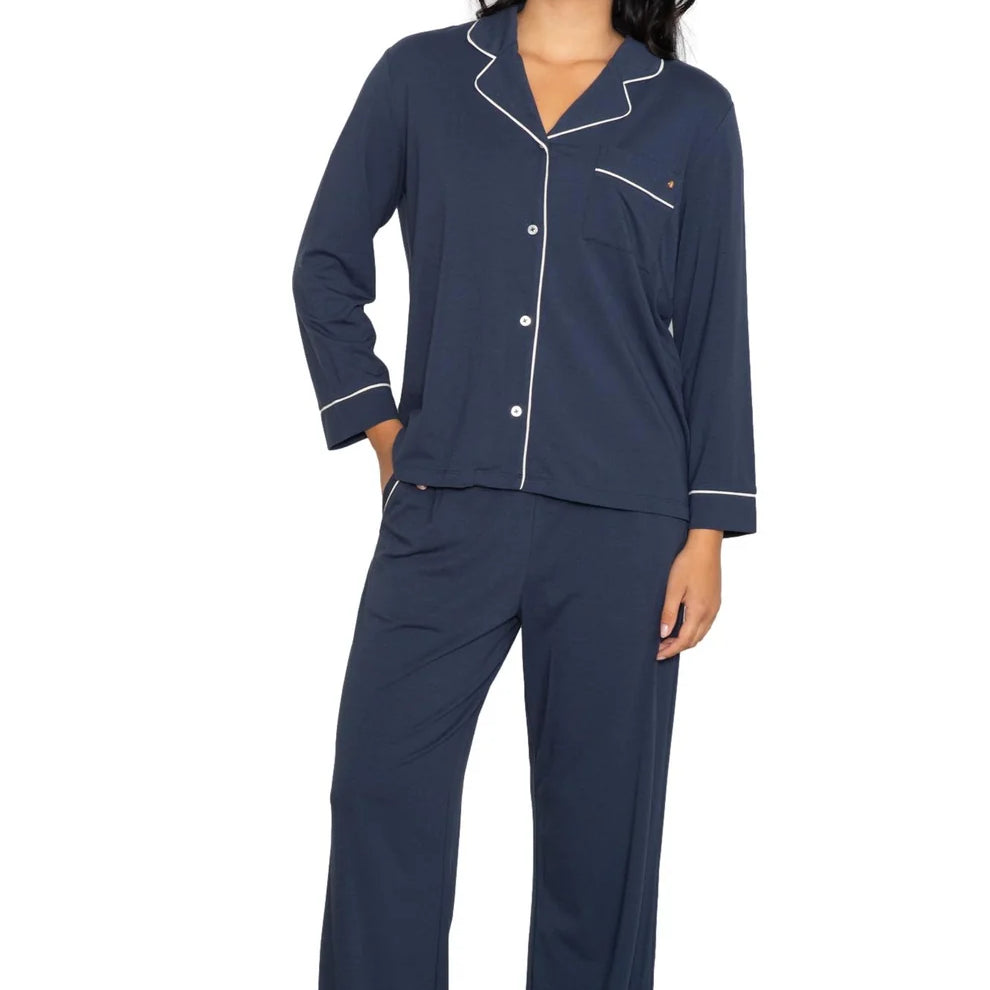 Long sleeve notch collar top & pant set - Indigo
