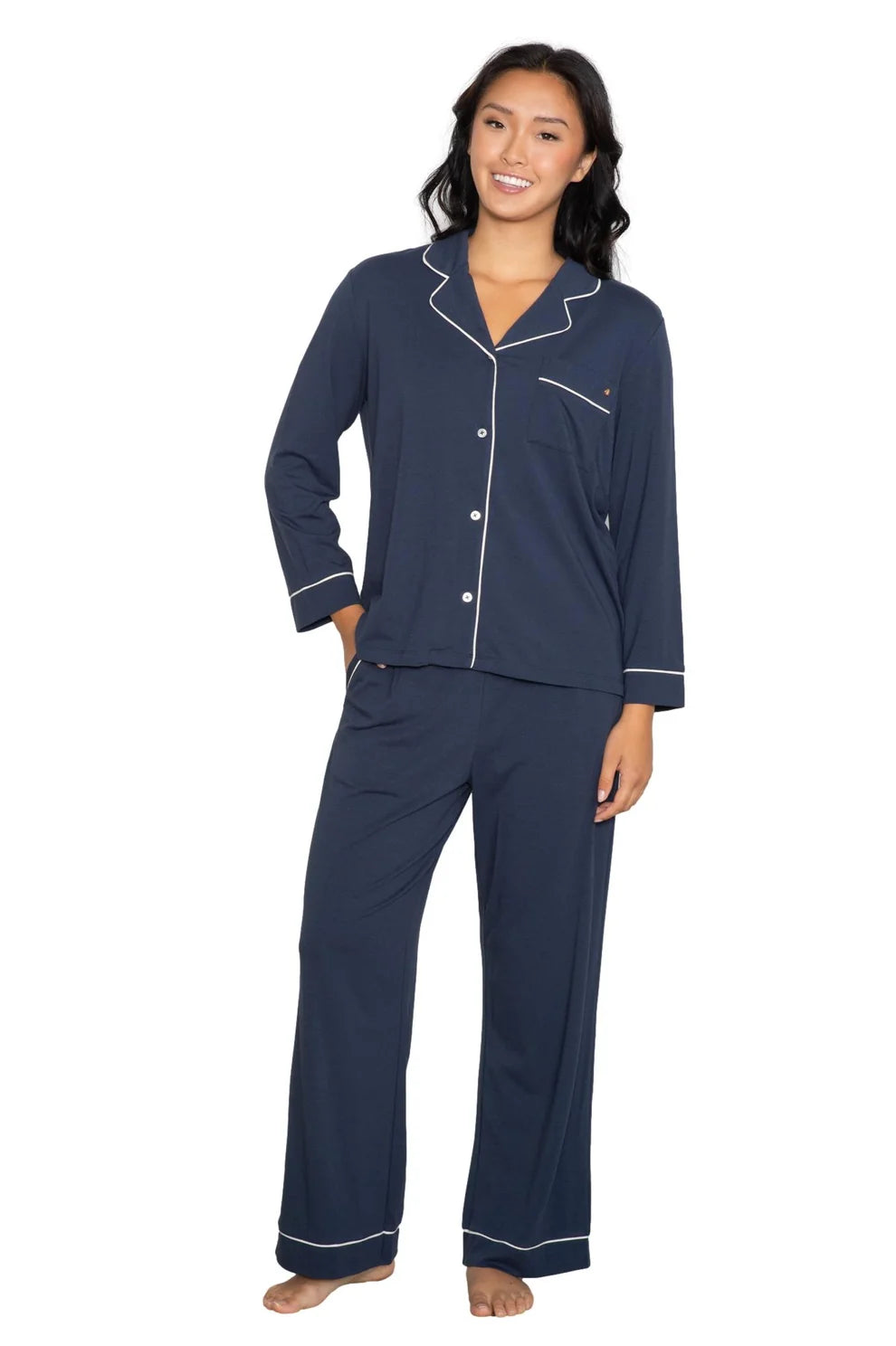 Long sleeve notch collar top & pant set - Indigo