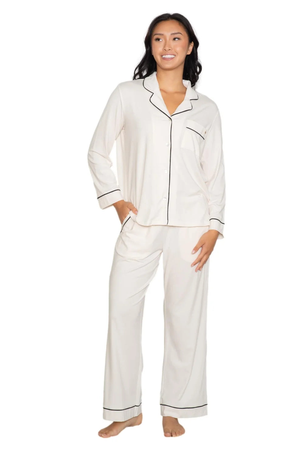 Long sleeve notch collar top & pant set - White