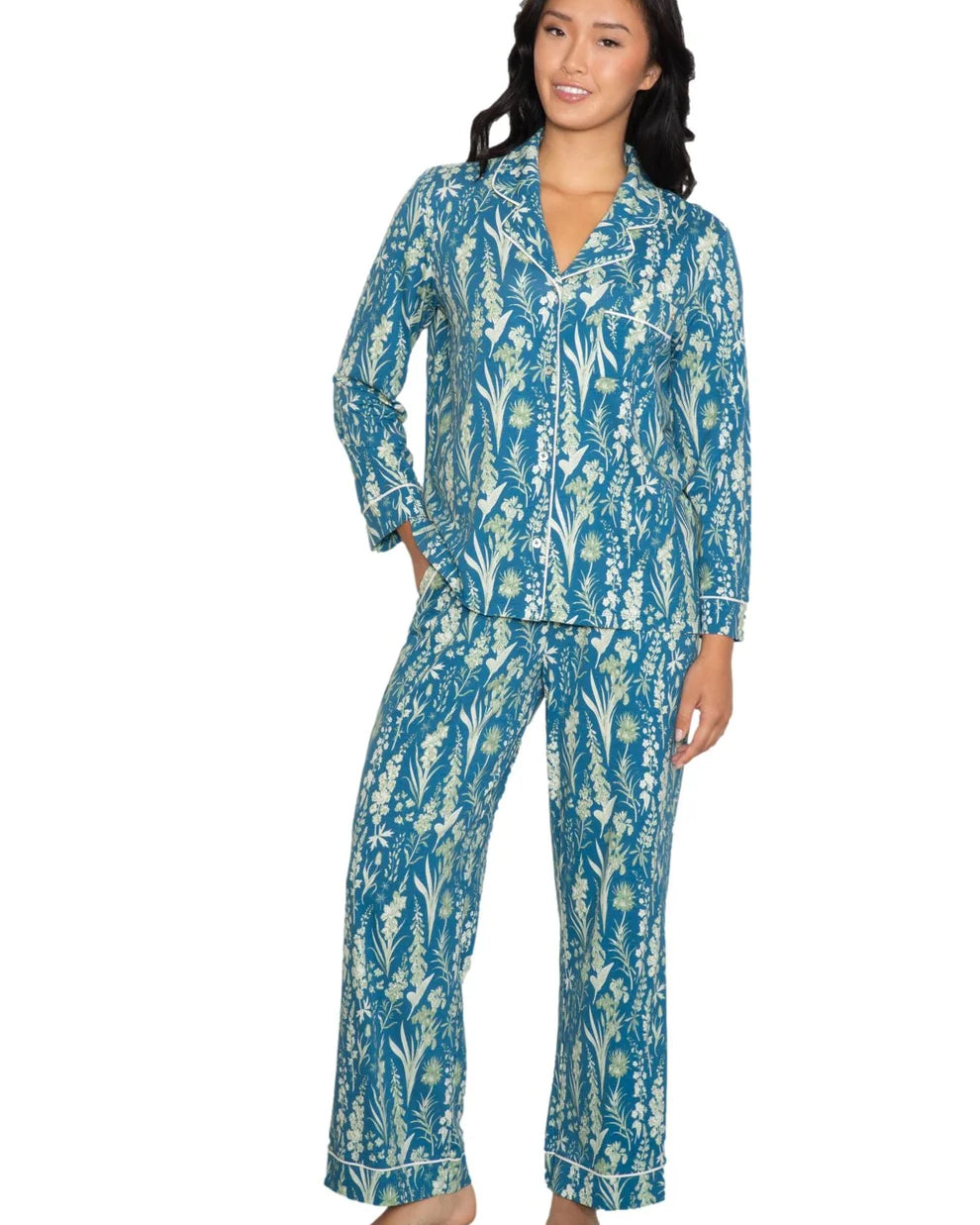 Long sleeve notch collar top & pant set - Teal Garden