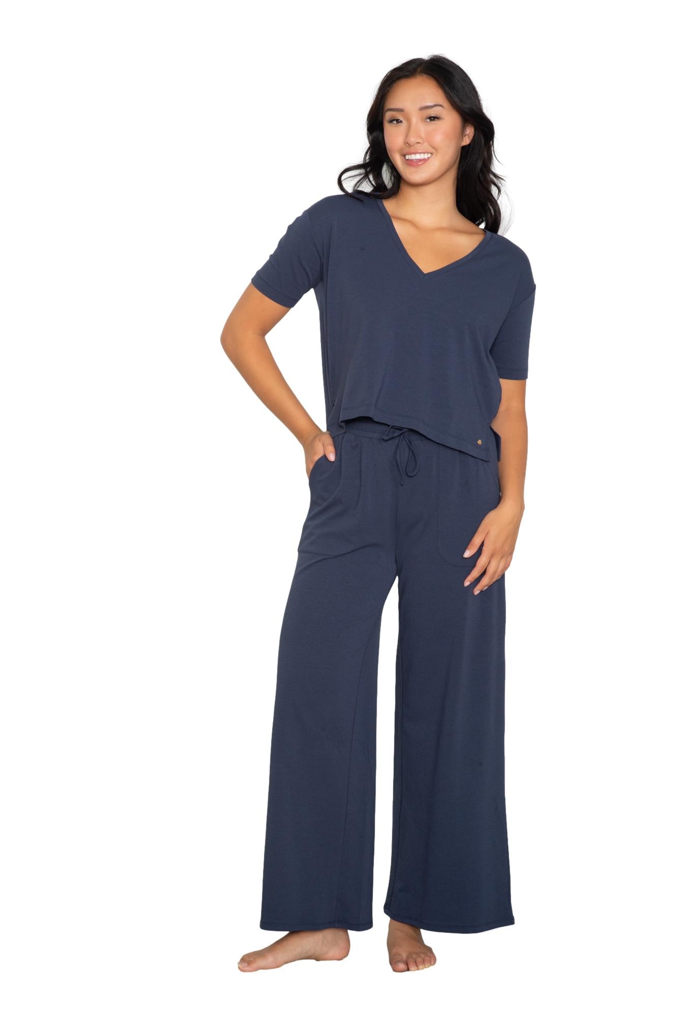 V neck tee & wide leg lounge pant set