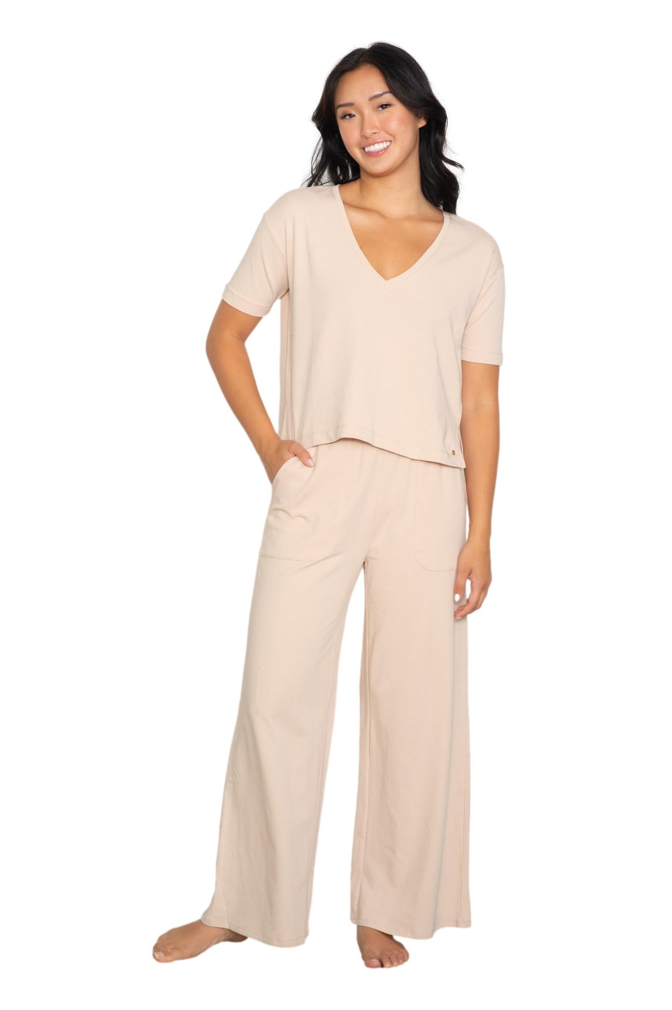 V neck tee & wide leg lounge pant set