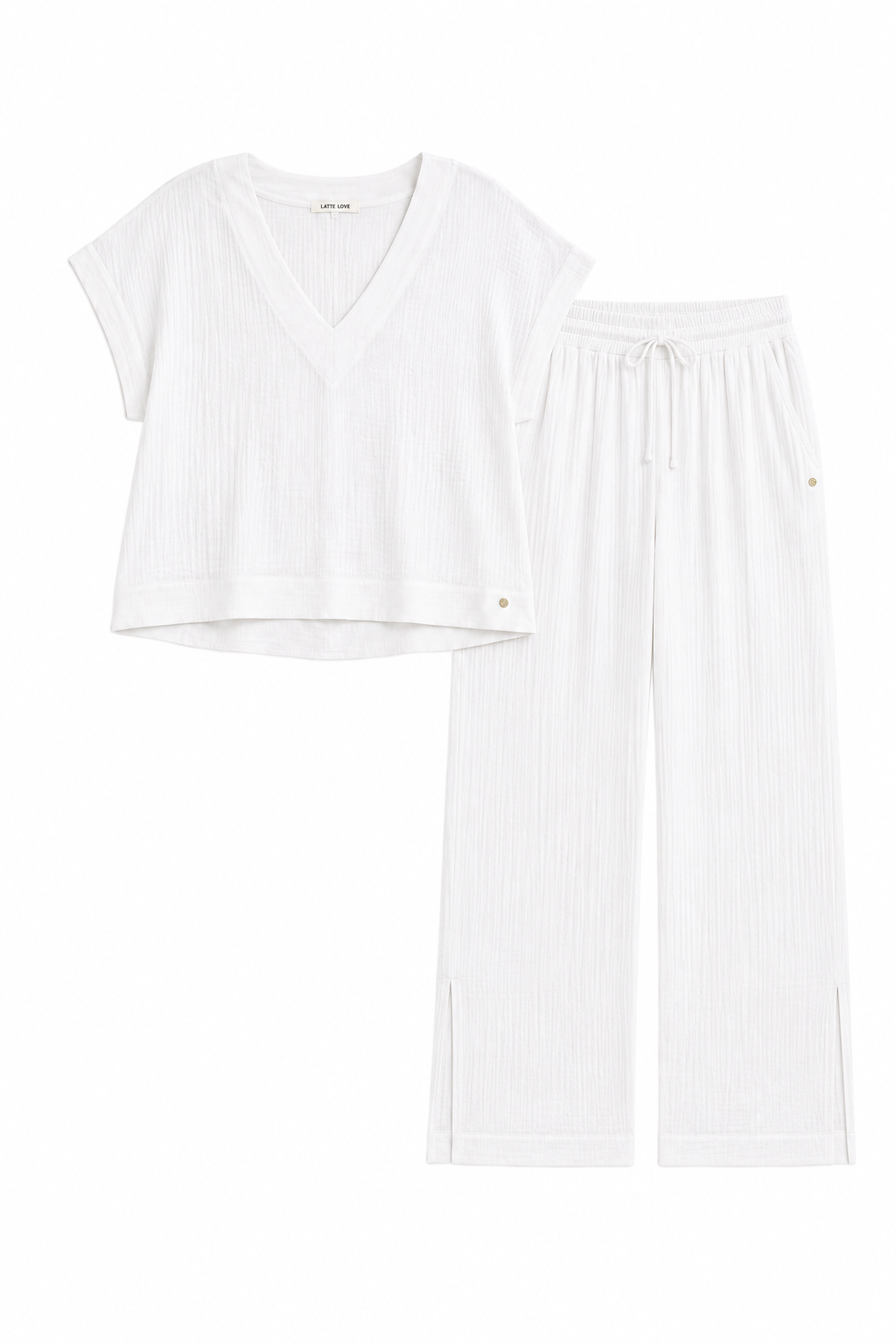 A two-piece white loungewear set featuring a short-sleeve V-neck ribbed crop top and matching wide-leg drawstring pants, displayed on a clean white background.