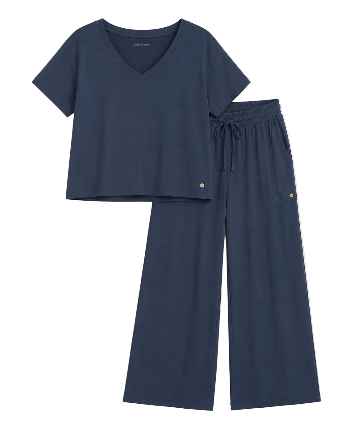 A two-piece navy blue loungewear set consisting of a short-sleeve V-neck crop top and matching wide-leg drawstring pants, laid flat on a light beige background.