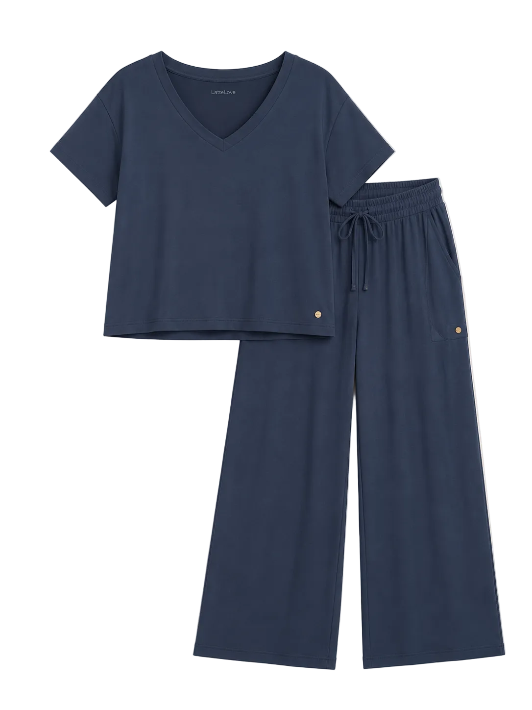 A two-piece navy blue loungewear set consisting of a short-sleeve V-neck crop top and matching wide-leg drawstring pants, laid flat on a light beige background.