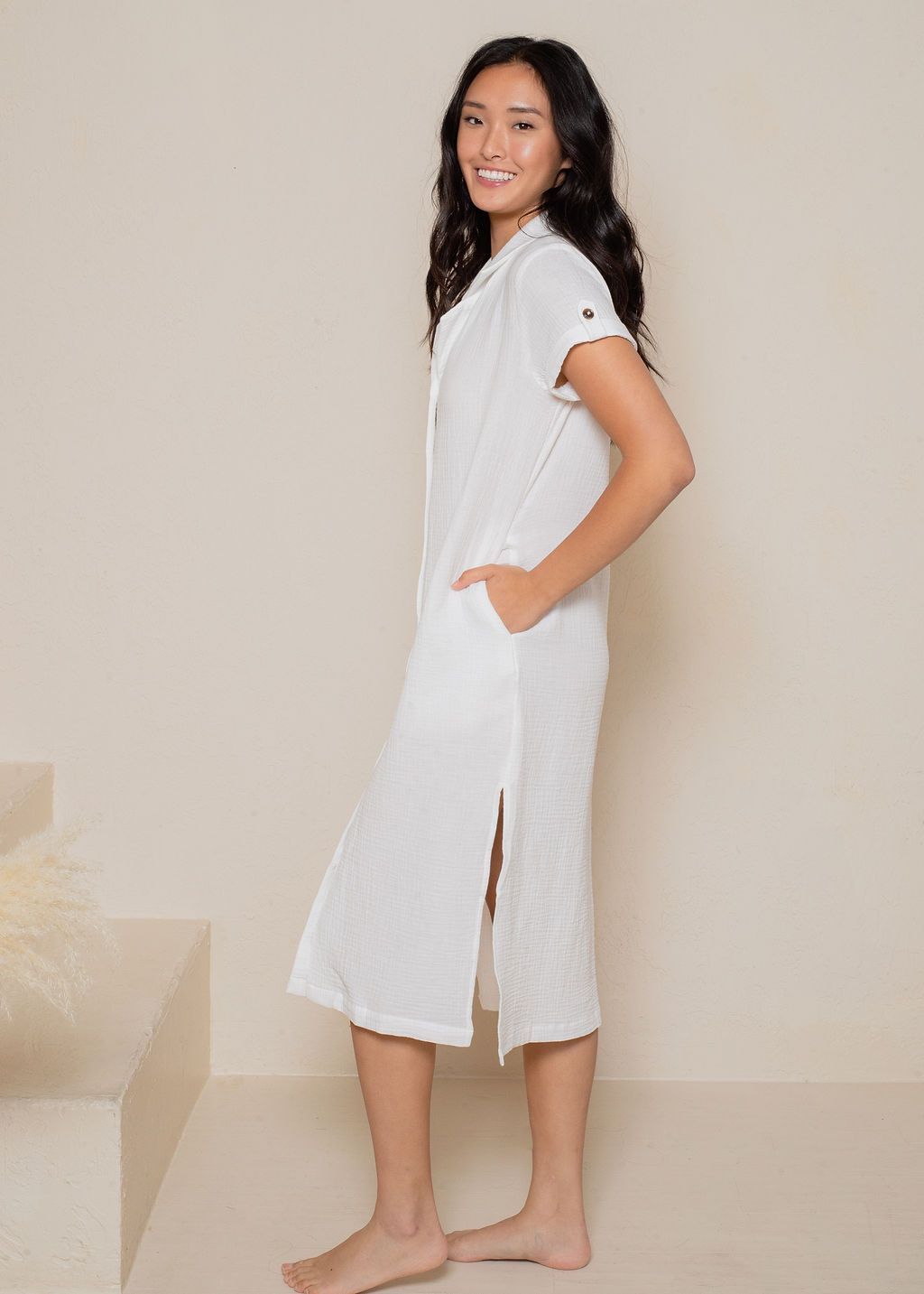 CRINKLED COTTON GAUZE SHIRT DRESS