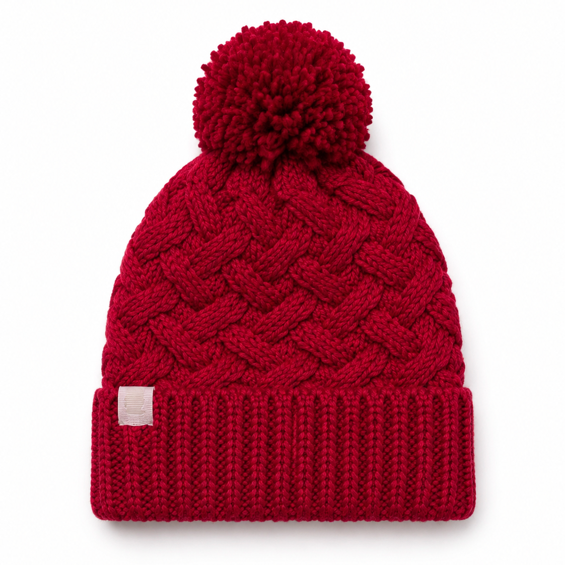 Basket Weave Plush Beanie Hat With Pom Pom - Deep Red