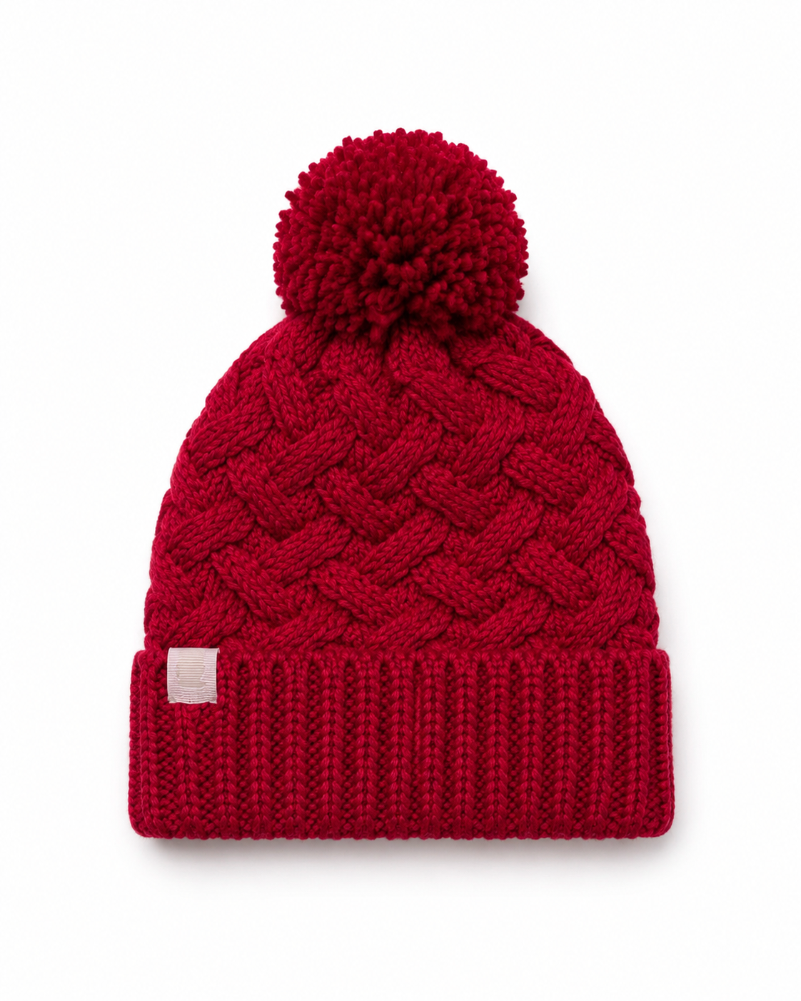 Basket Weave Plush Beanie Hat With Pom Pom - Deep Red
