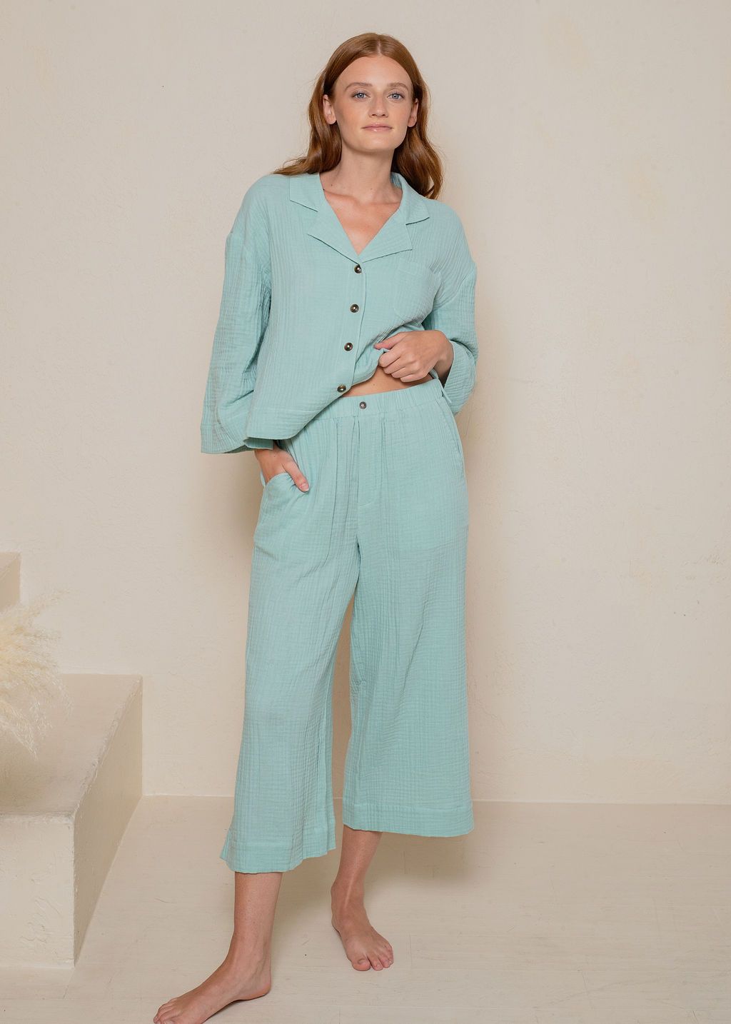 CRINKLED COTTON GAUZE RELAXED HIGH WAISTED CAPRI